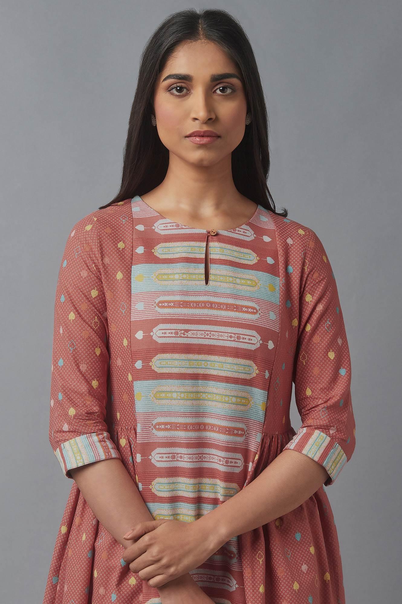 Orange Geometric Print kurta & Parallel Pants Set - wforwoman