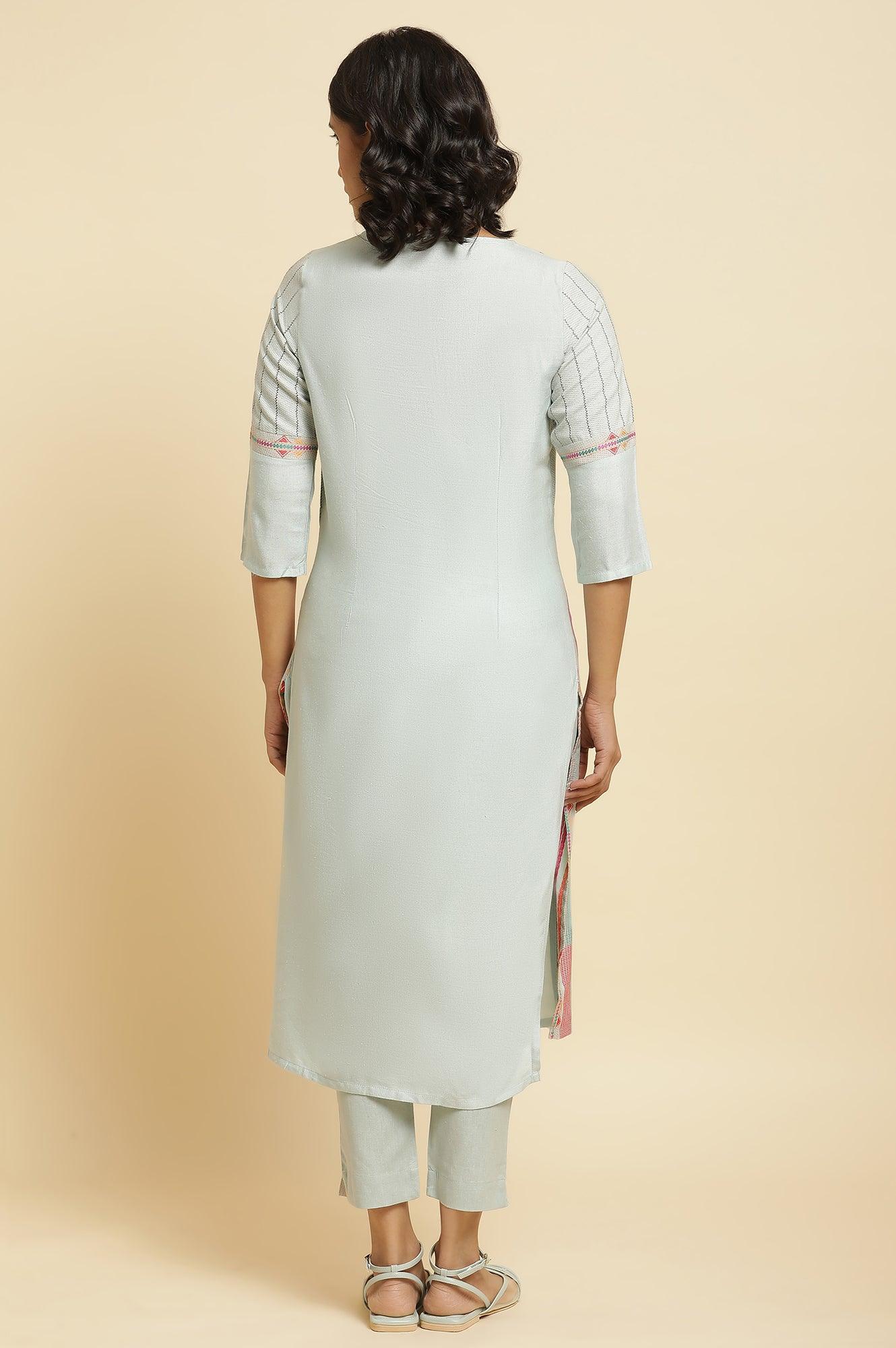 Blue Cotton Dobby Kurta & Pants Set - wforwoman