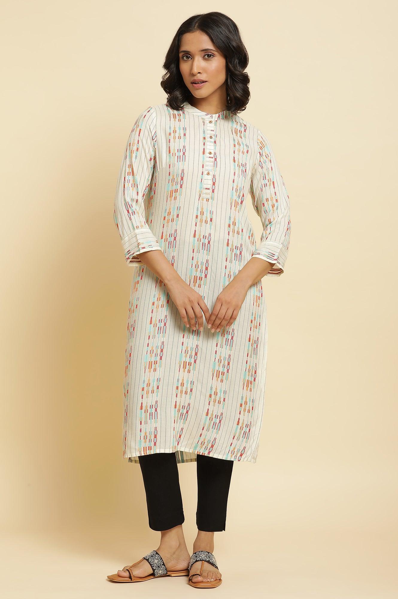 Ecru Dobby Printed Kurta & Pants Set - wforwoman