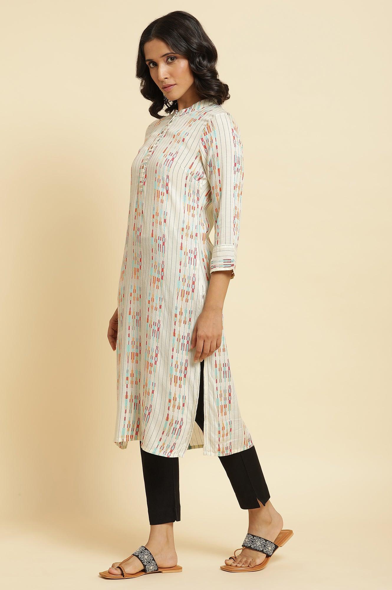 Ecru Dobby Printed Kurta & Pants Set - wforwoman