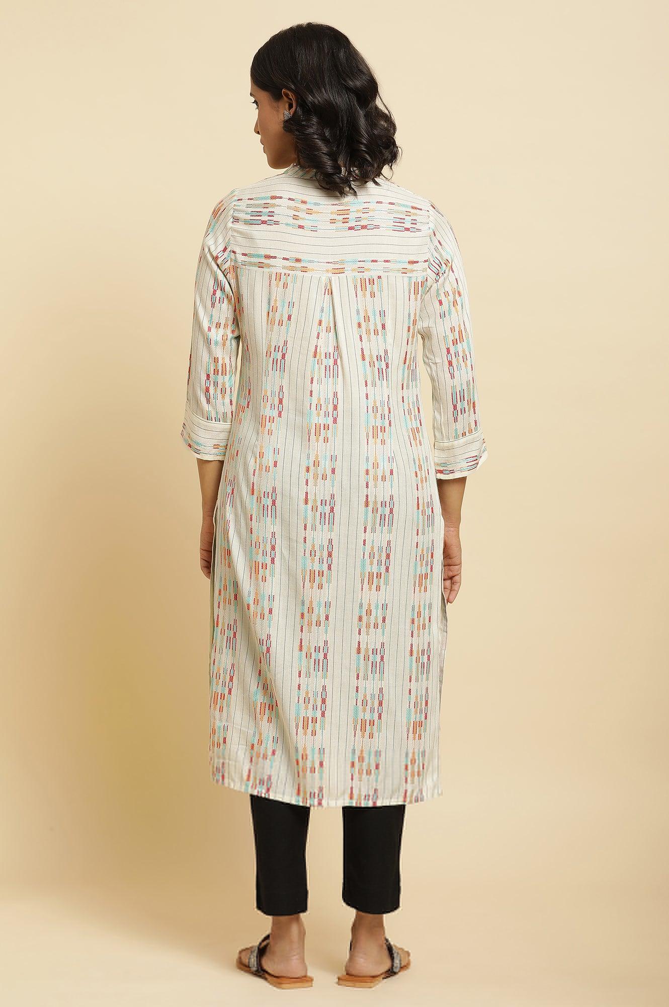 Ecru Dobby Printed Kurta & Pants Set - wforwoman