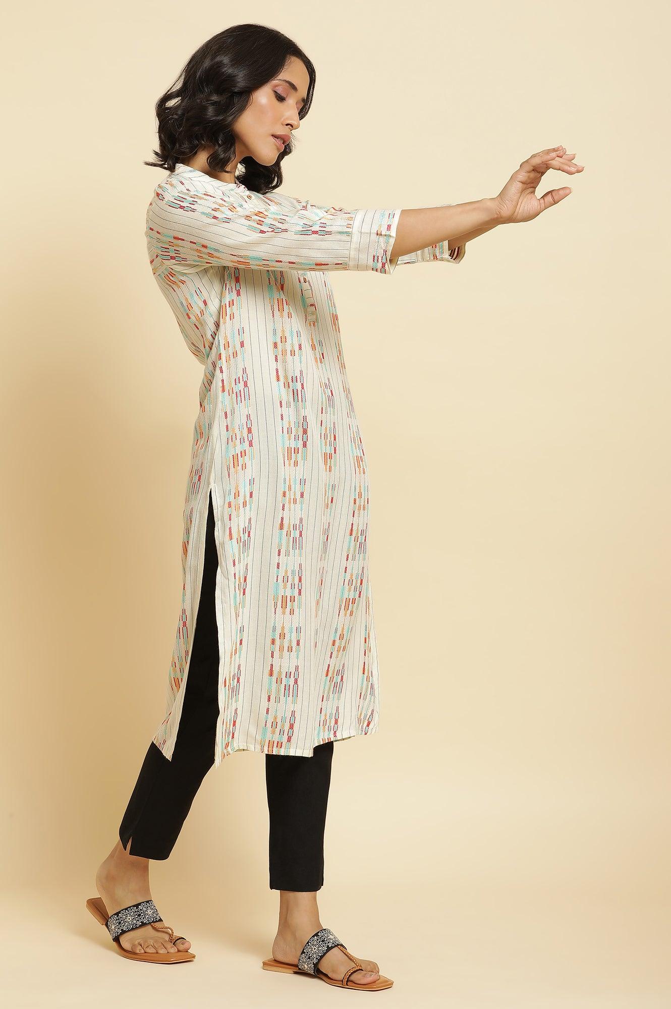 Ecru Dobby Printed Kurta & Pants Set - wforwoman