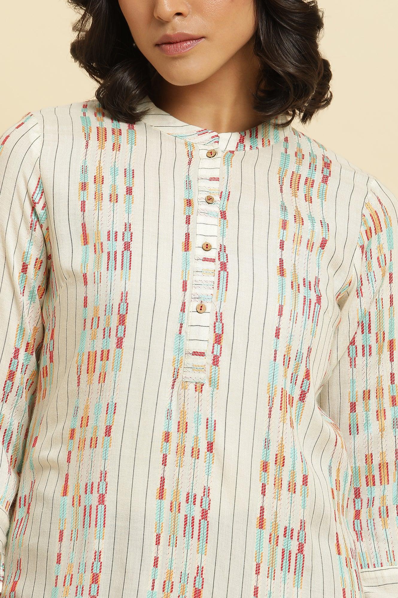 Ecru Dobby Printed Kurta & Pants Set - wforwoman