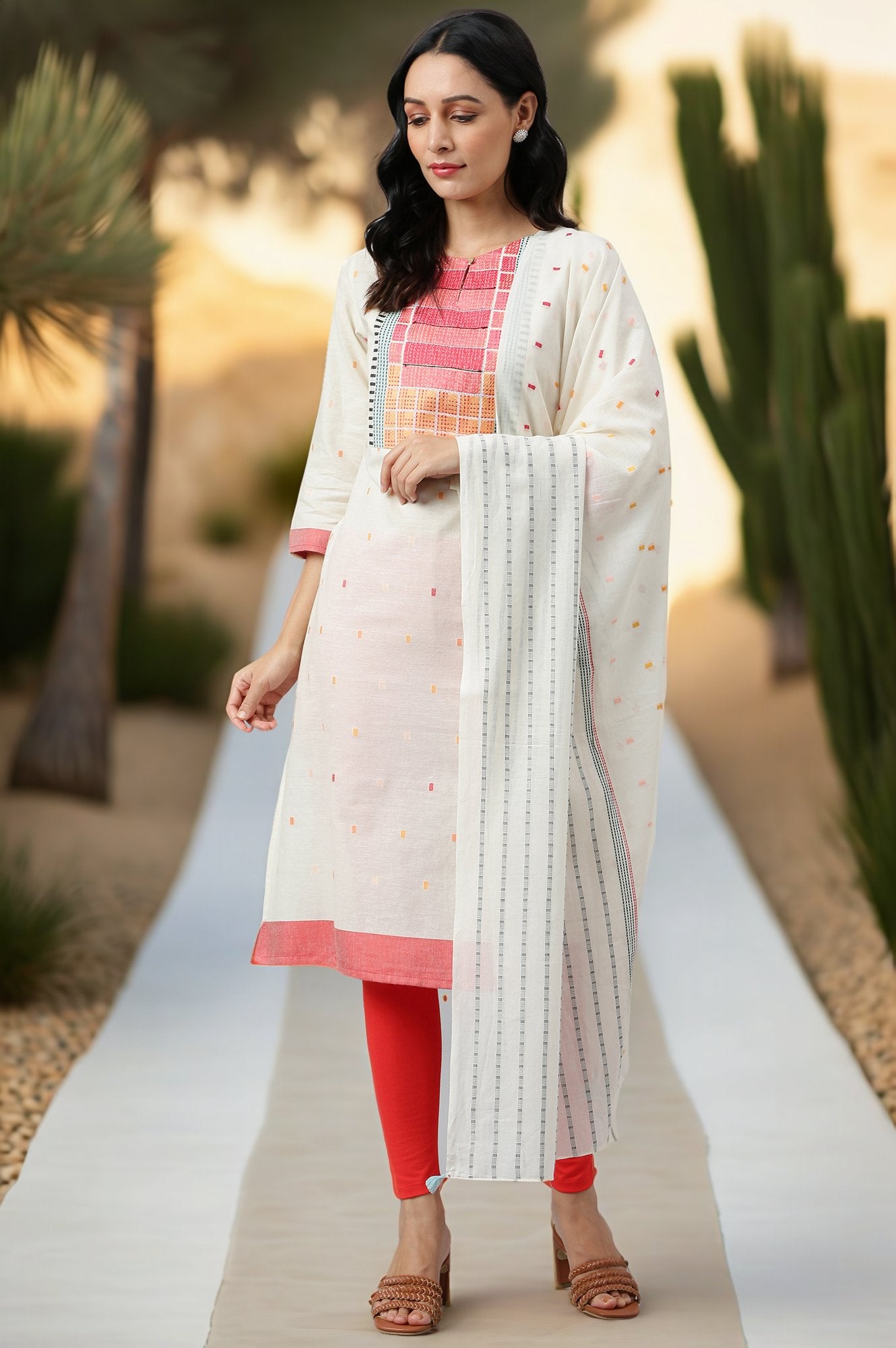 White Cotton Dobby Straight Kurta, Leggings and Butta Dobby Dupatta Set