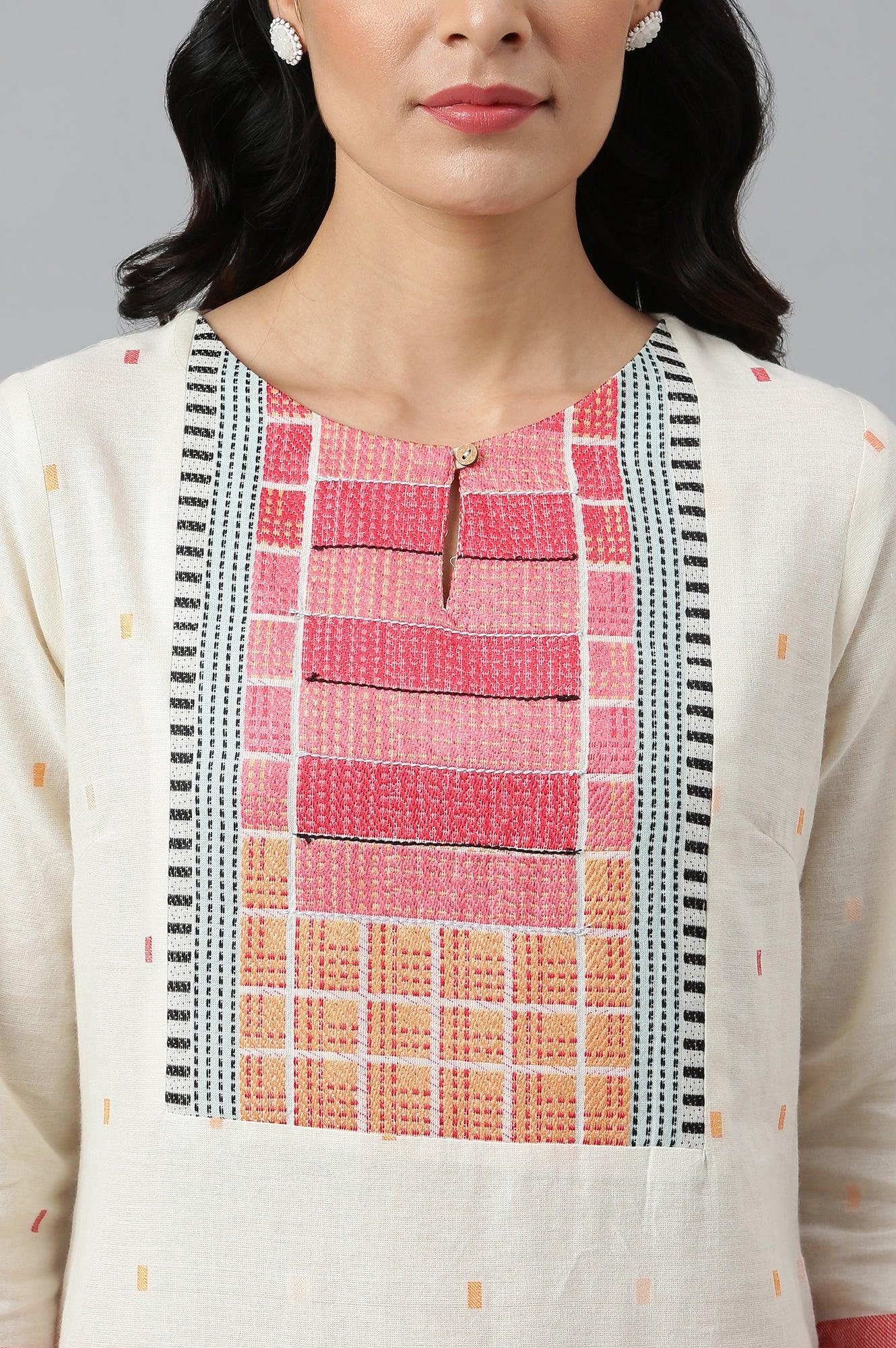 Ecru Dobby kurta, Red Tights And Butta Dobby Dupatta Set - wforwoman