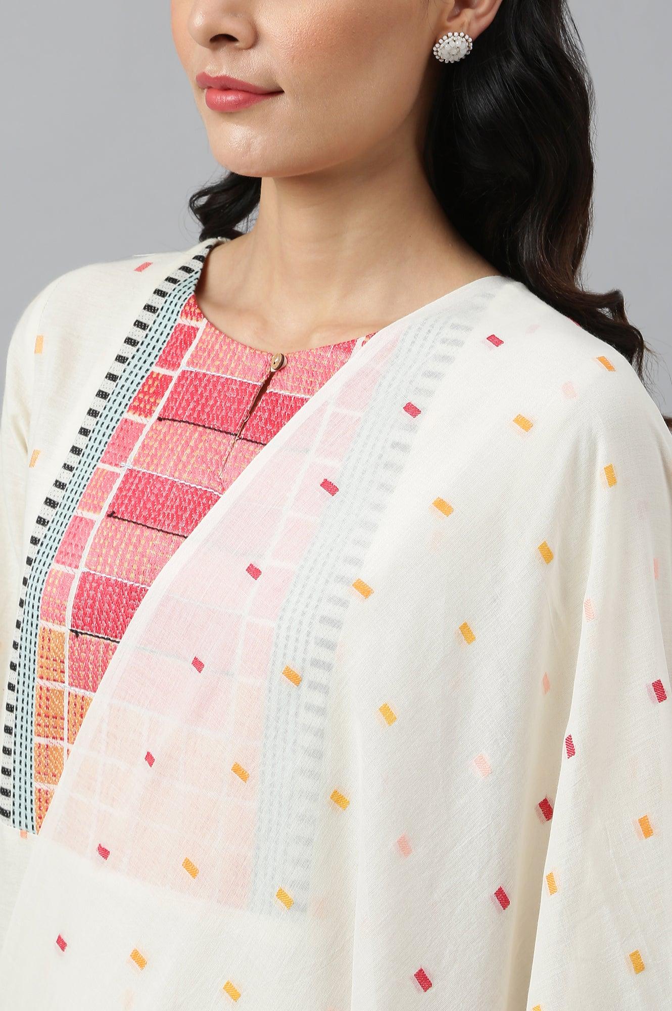 Ecru Dobby kurta, Red Tights And Butta Dobby Dupatta Set - wforwoman