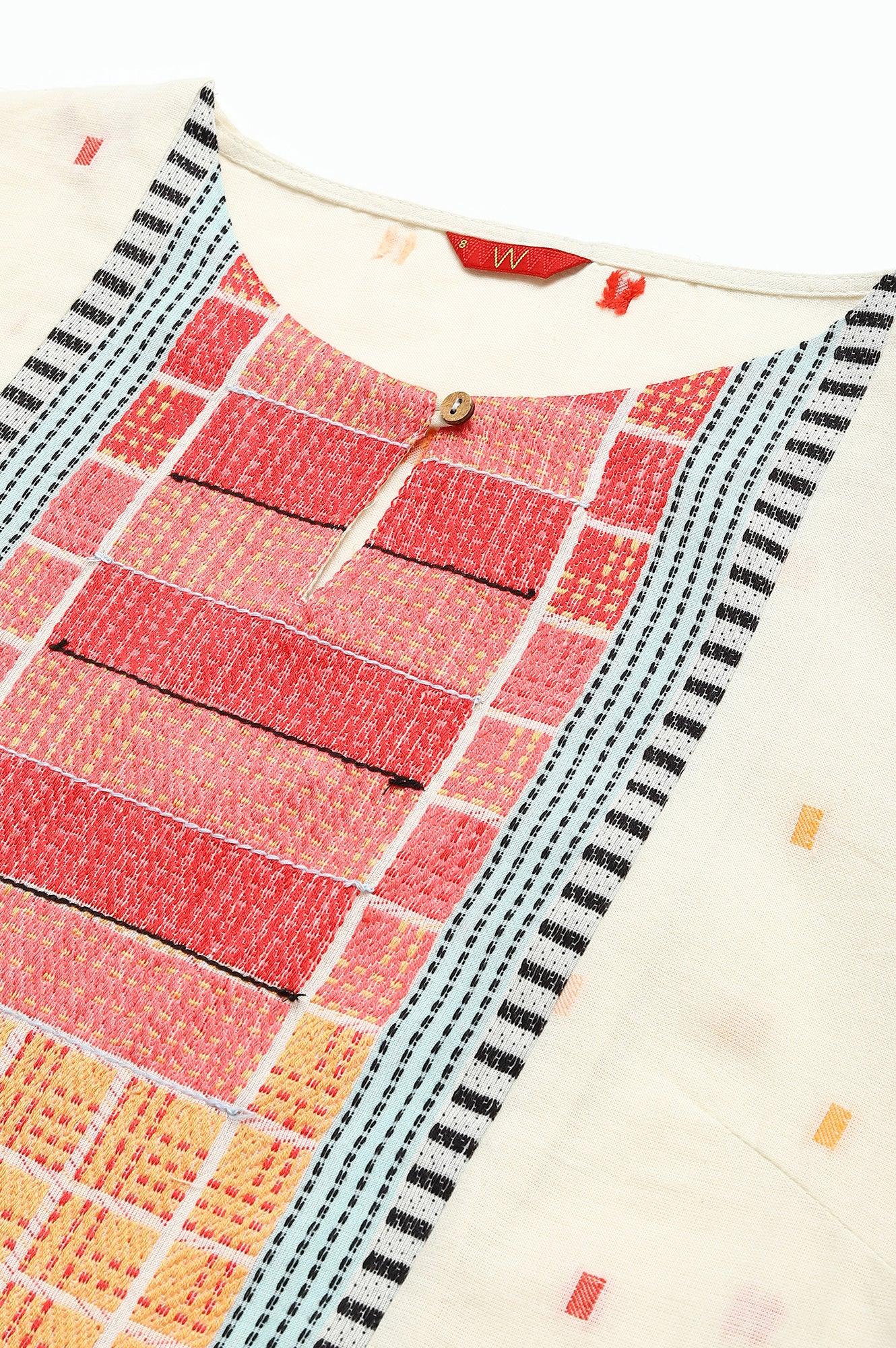 Ecru Dobby kurta, Red Tights And Butta Dobby Dupatta Set - wforwoman