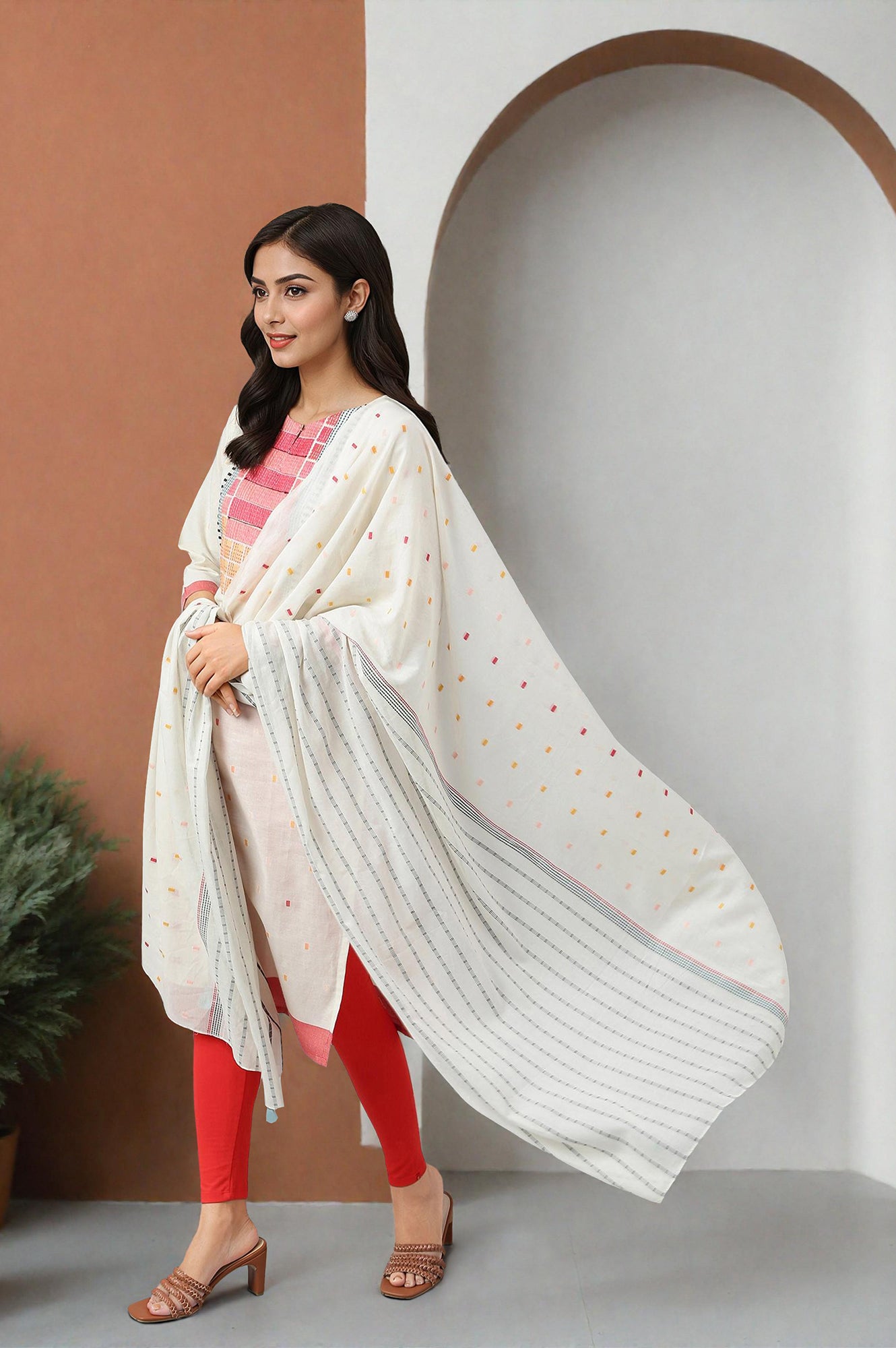 White Cotton Dobby Straight Kurta, Leggings and Butta Dobby Dupatta Set