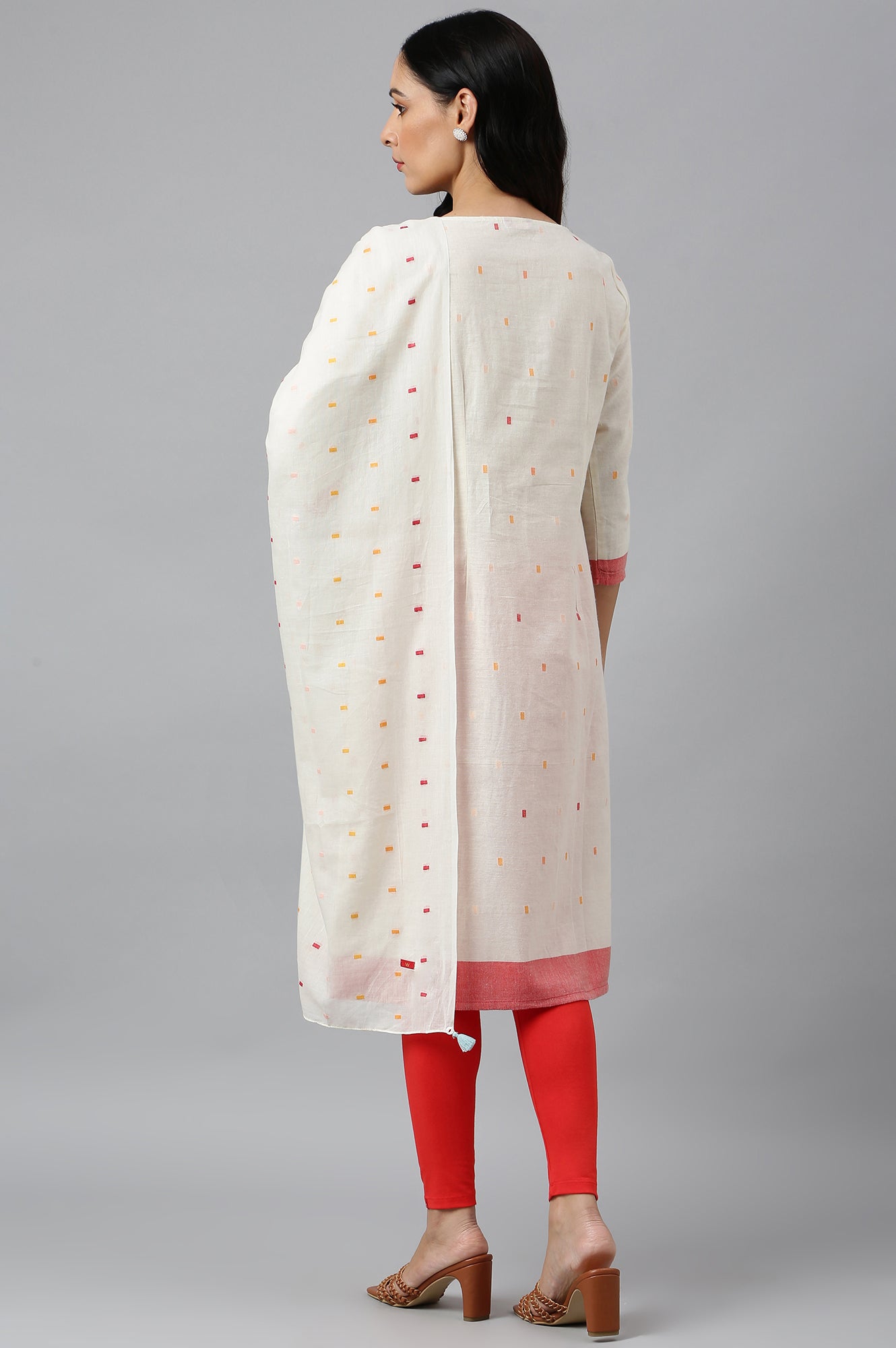 White Cotton Dobby Straight Kurta, Leggings and Butta Dobby Dupatta Set