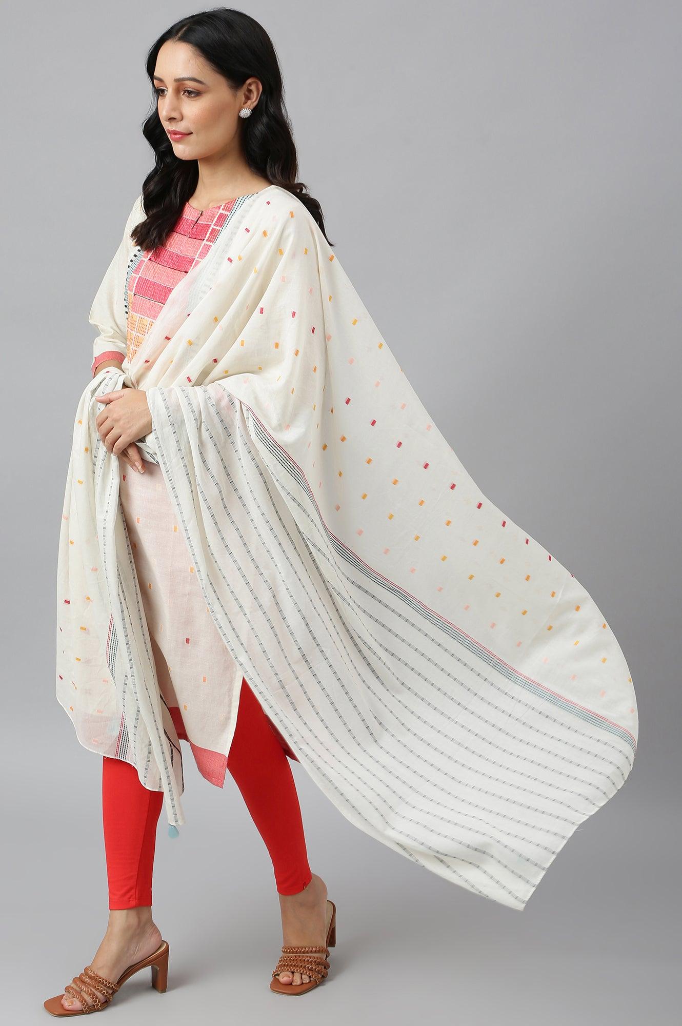 Ecru Dobby kurta, Red Tights And Butta Dobby Dupatta Set - wforwoman