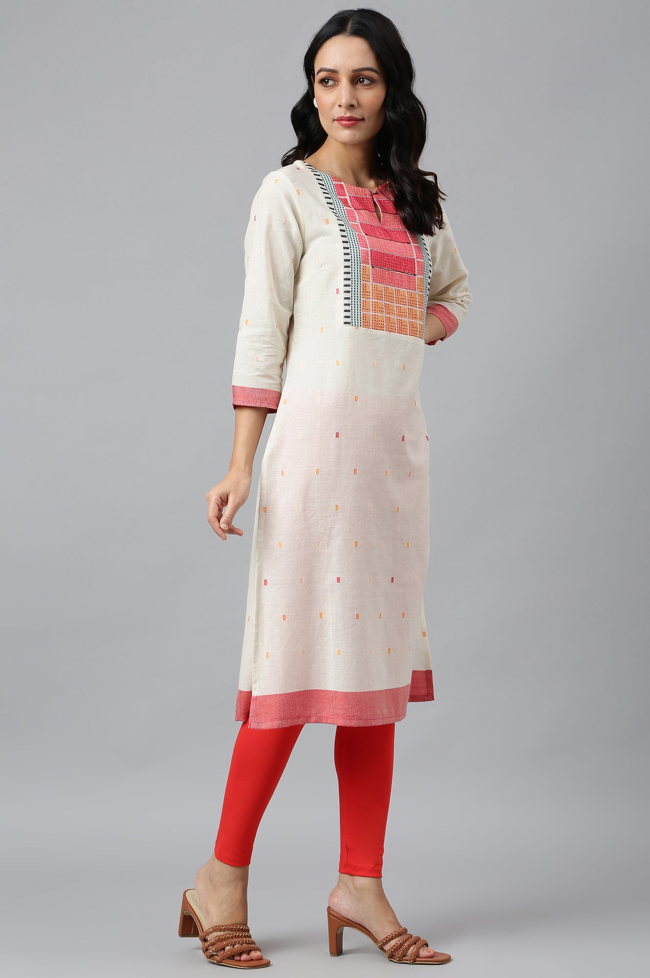White Cotton Dobby Straight Kurta, Leggings and Butta Dobby Dupatta Set