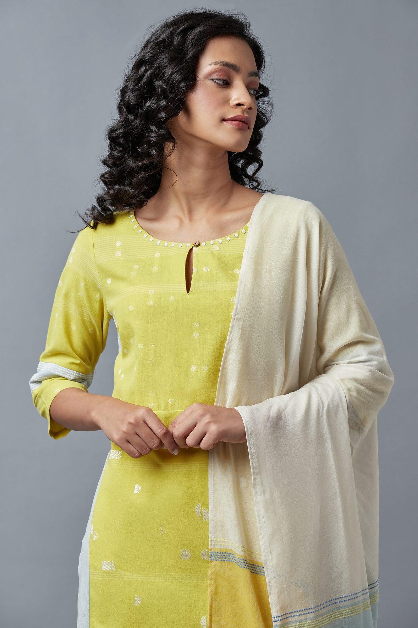 Light Yellow Cotton Dobby kurta, Slim Pants And Dupatta Set - wforwoman
