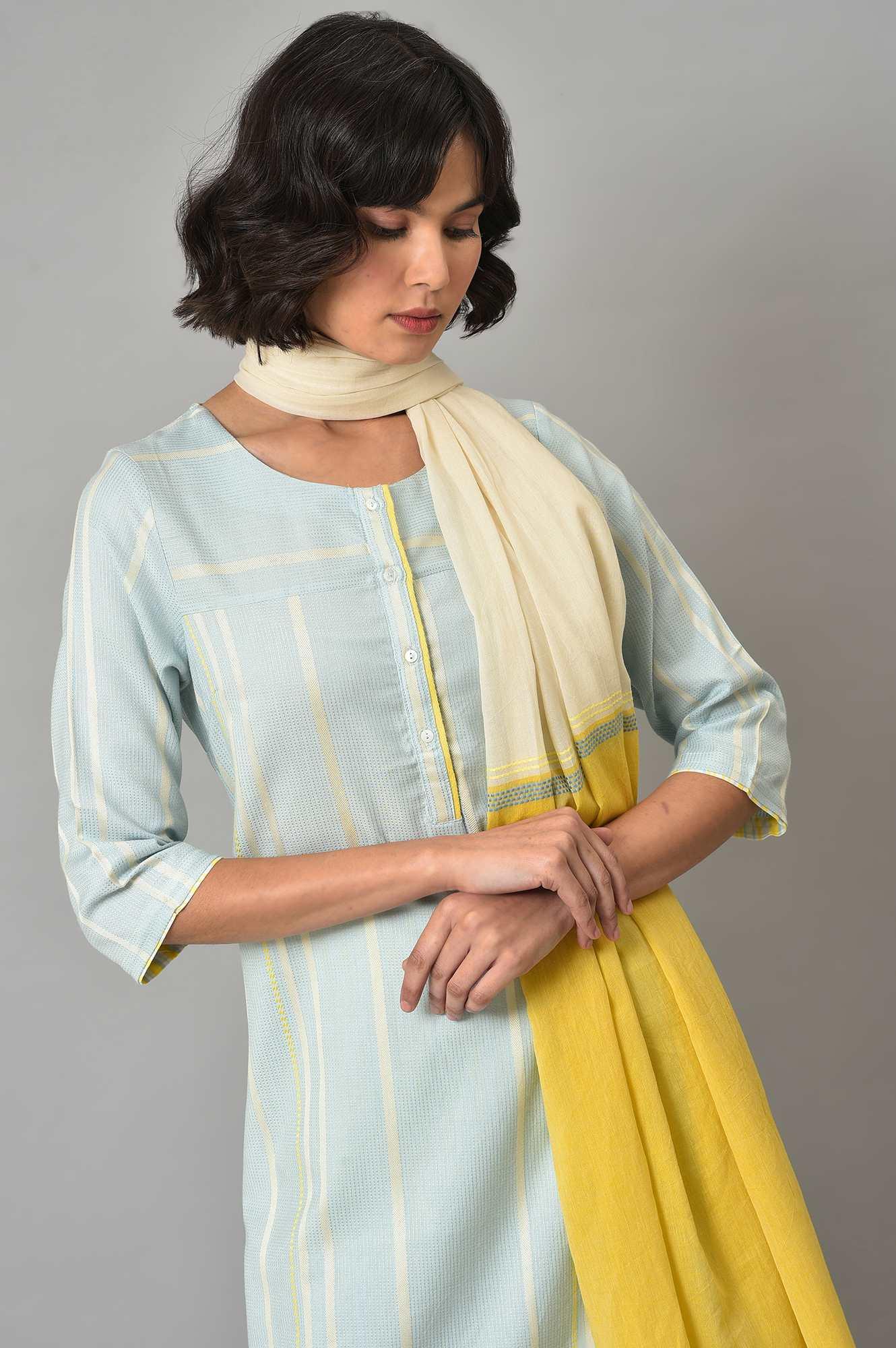 Ecru Rayon Dobby kurta With Yellow Parallel Pants And Ecru Dupatta - wforwoman