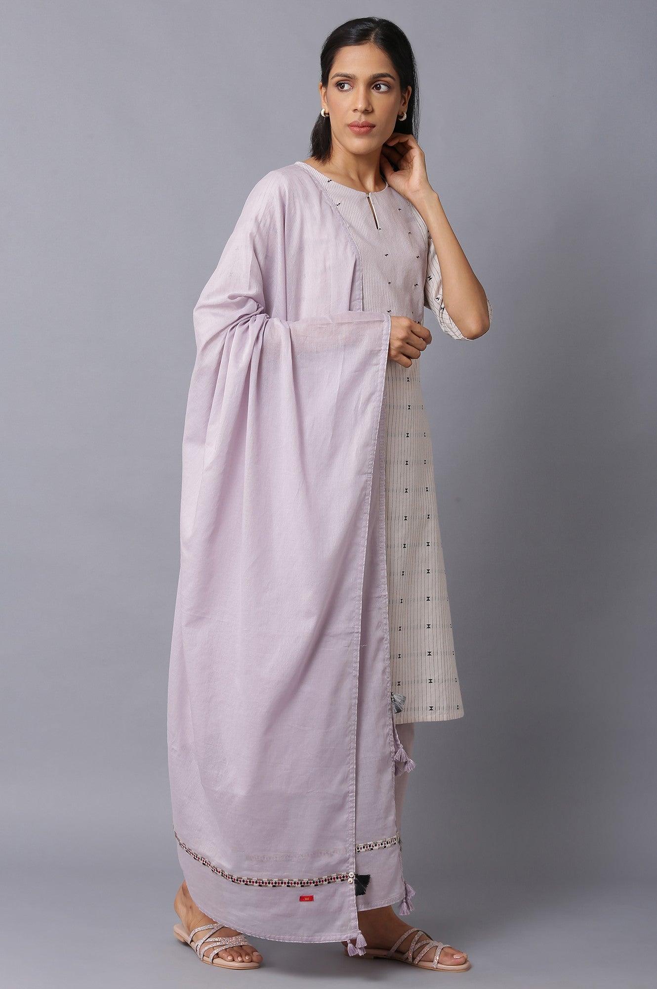 Beige A-Line Cotton kurta With Light Purple Slim Pants And Dupatta - wforwoman