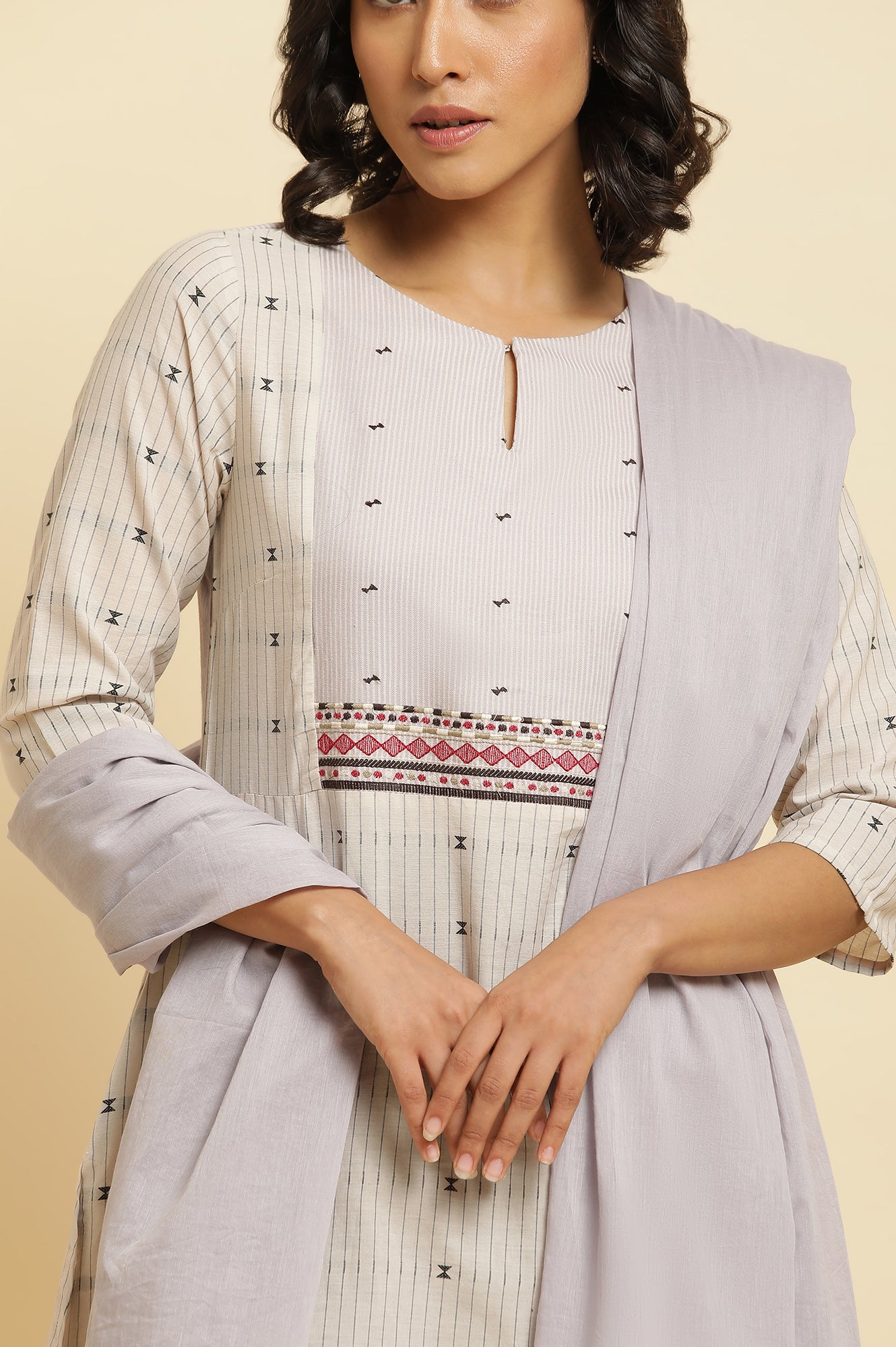 Beige Printed Kurta, Pants And Dupatta Set