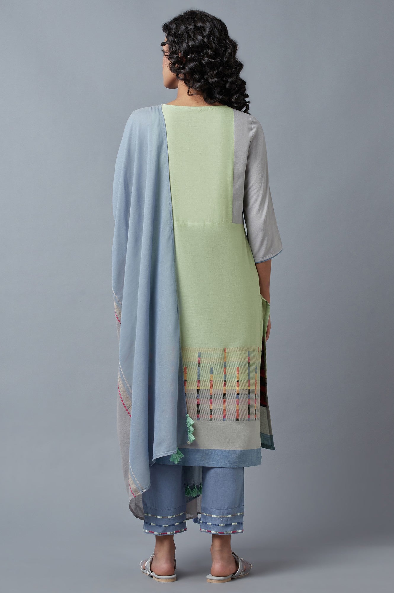 Light Green Cotton Dobby kurta With Blue Slim Pants And Dupatta