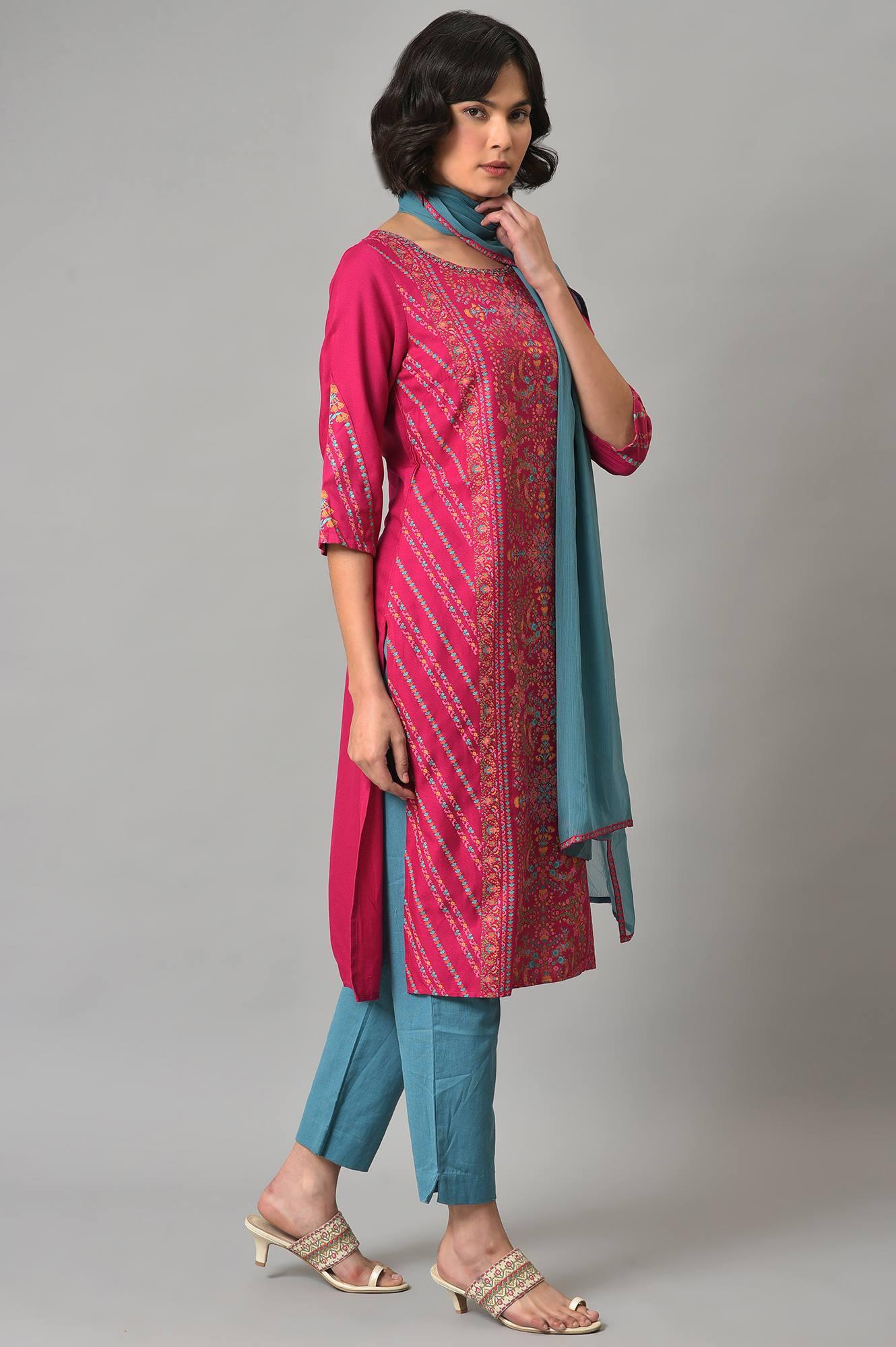 Dark Pink Floral kurta In Boat Neck With Teal Blue Slim Pants And Dupatta - wforwoman