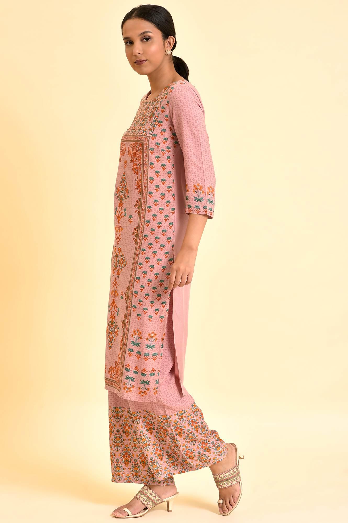 Pink Printed Straight Kurta And Parallel Pants Set - wforwoman