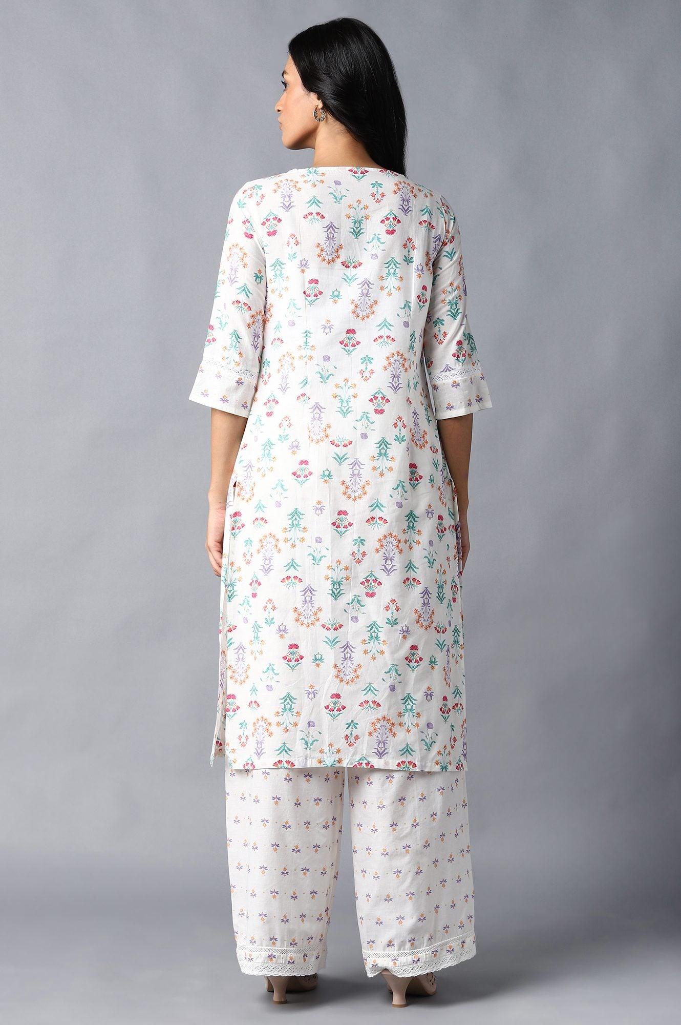 Ecru Floral Printed kurta & Parallel Pants Set - wforwoman