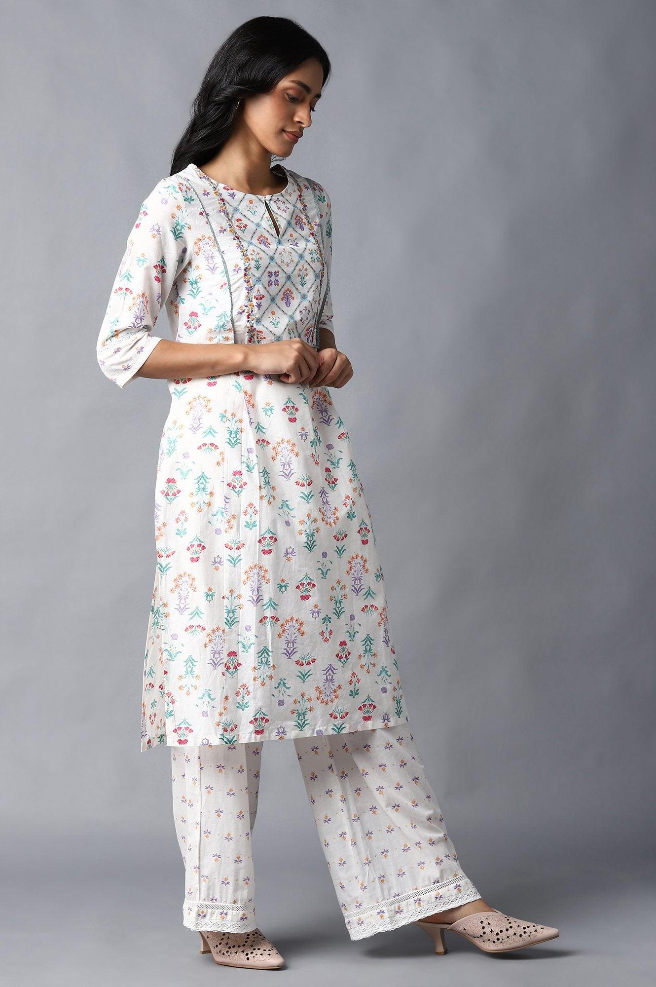 Ecru Floral Printed kurta & Parallel Pants Set - wforwoman