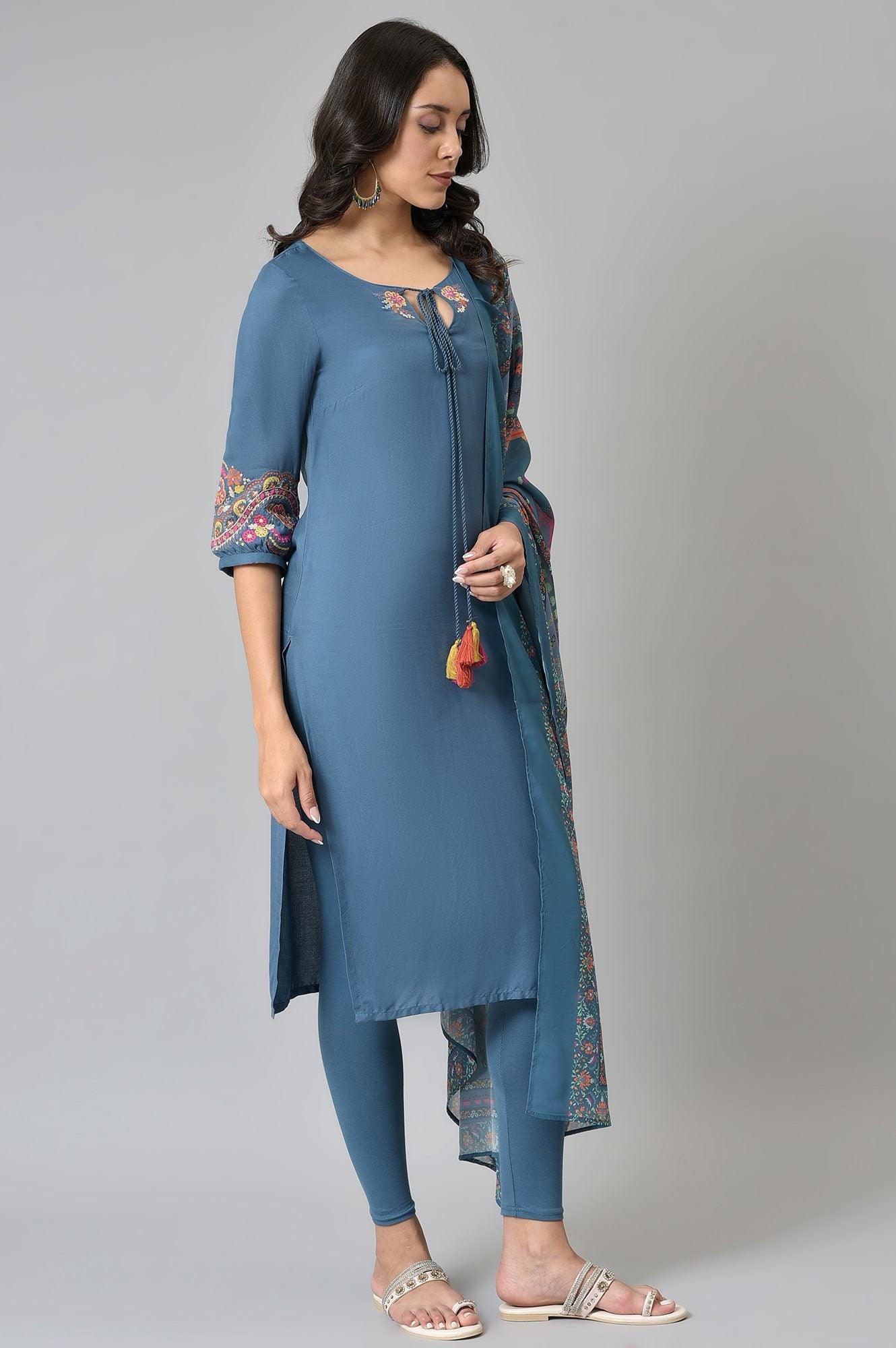 Deep Teal Fusion Embroidered kurta With Knitted Tights And Printed Dupatta - wforwoman
