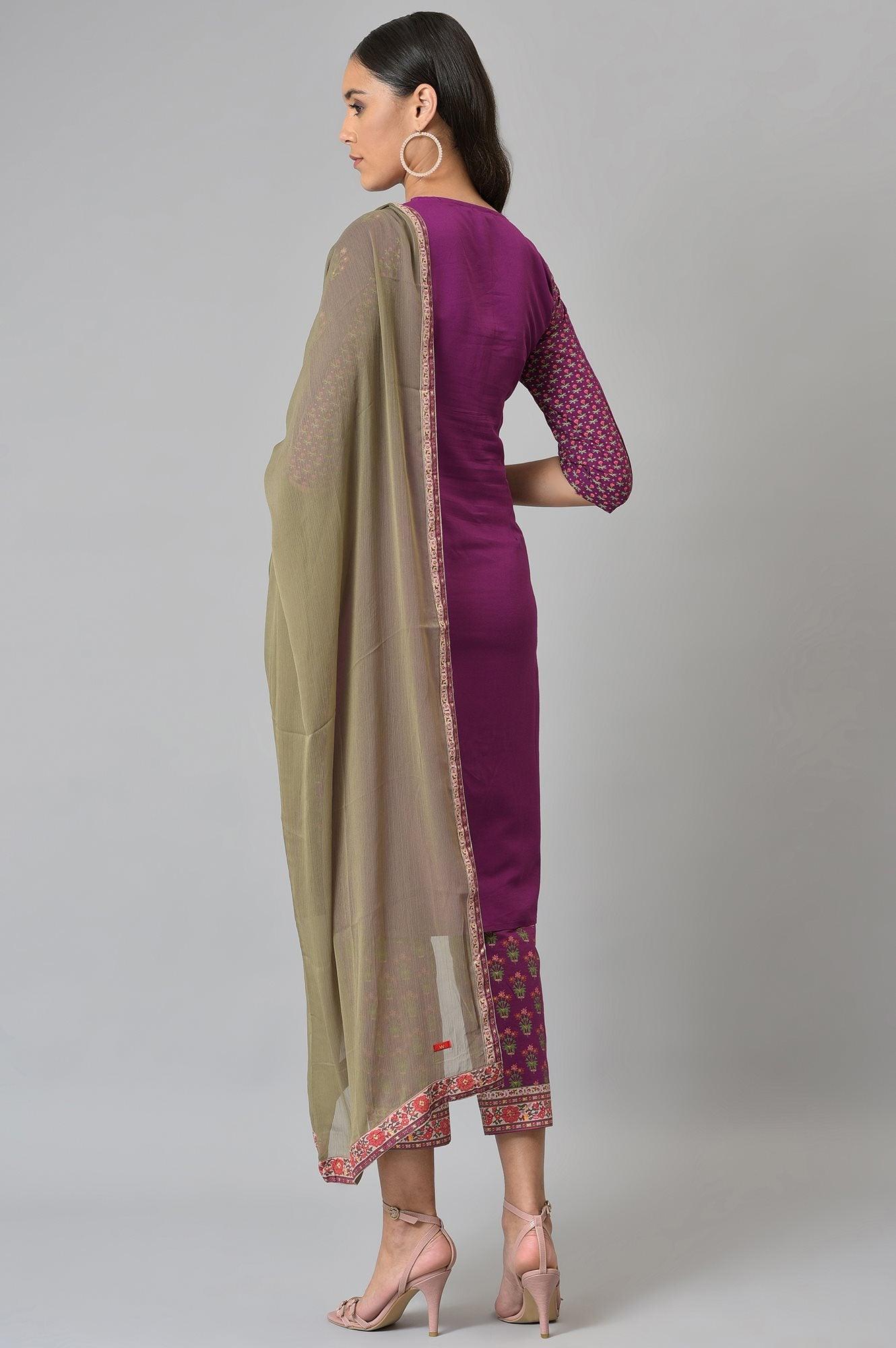 Dark Purple Round Neck kurta With Floral Straight Pants And Chiffon Dupatta - wforwoman