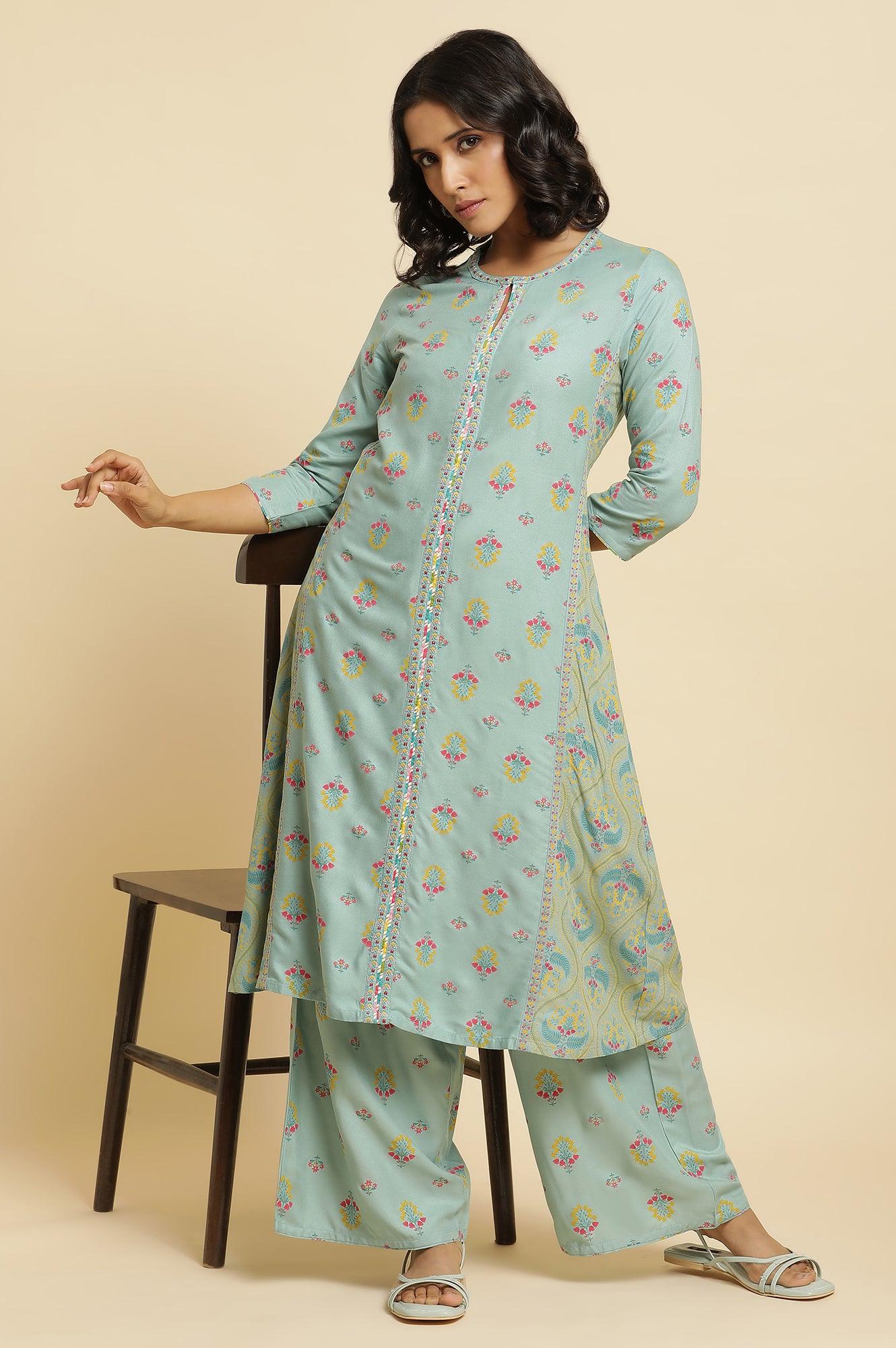 Blue Printed A-Line Kurta & Parallel Pants Set - wforwoman