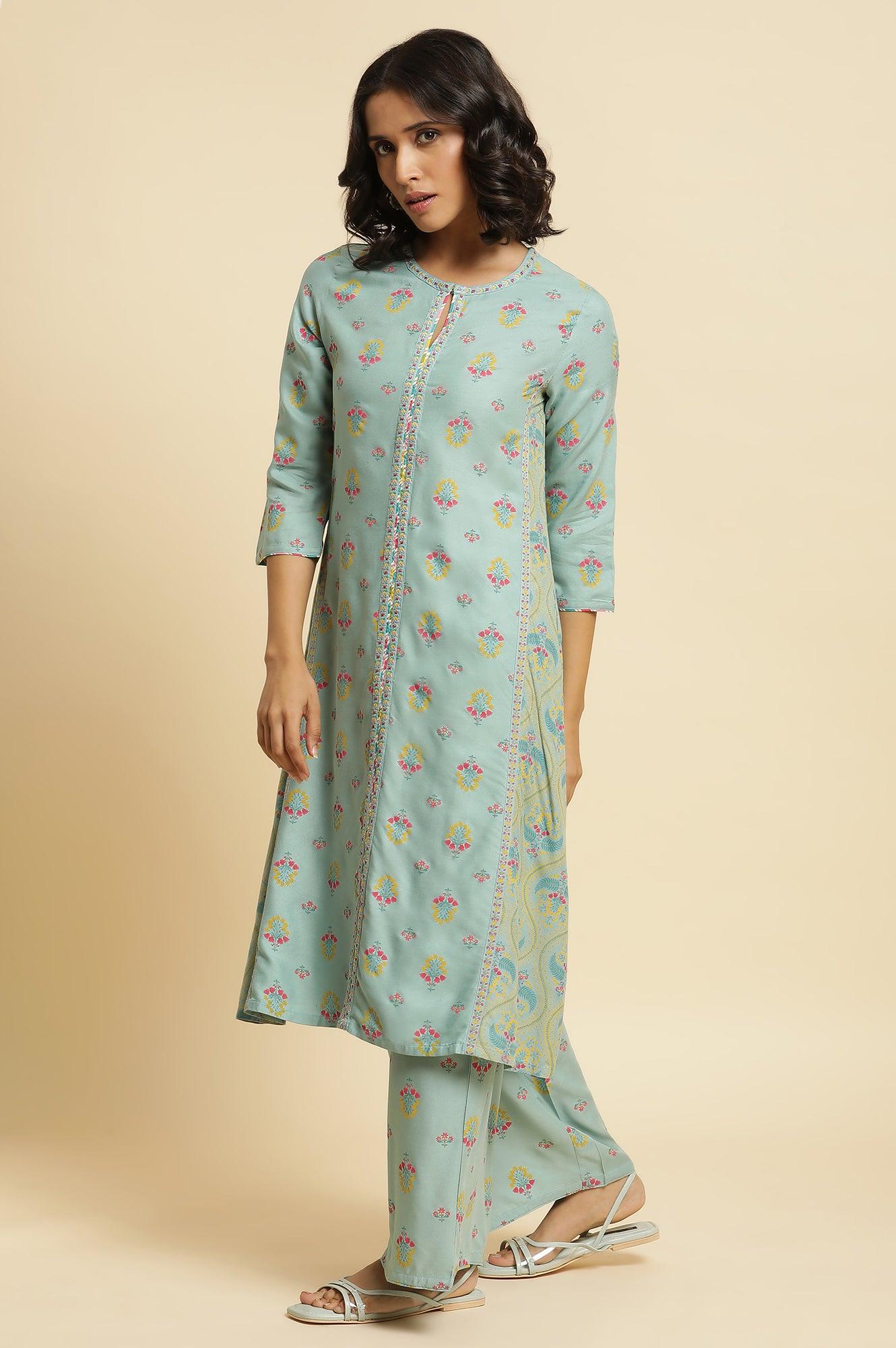 Blue Printed A-Line Kurta & Parallel Pants Set - wforwoman