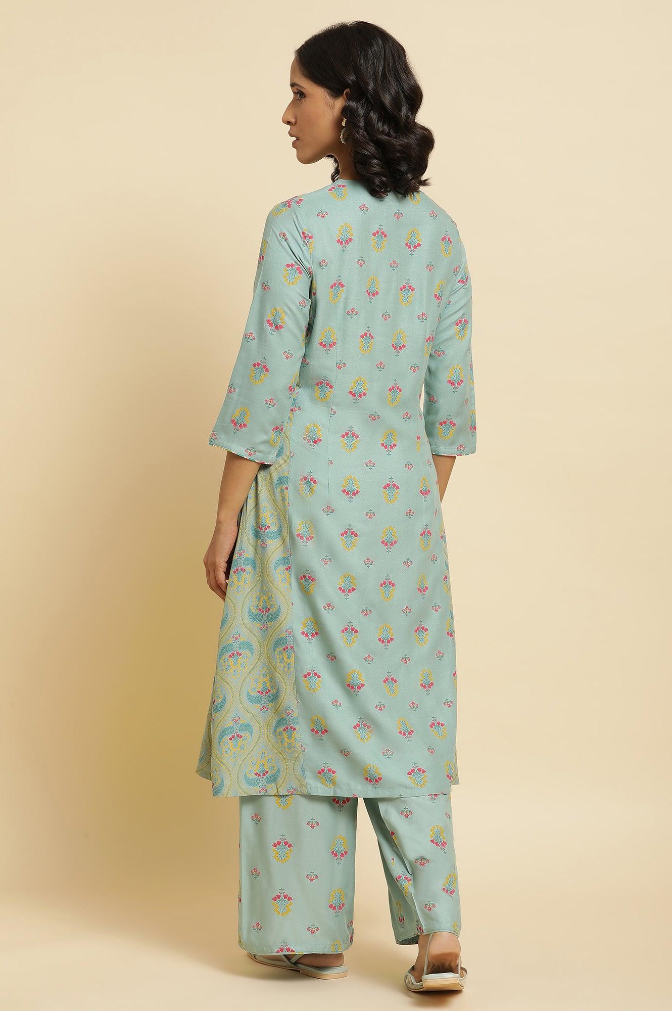 Blue Printed A-Line Kurta & Parallel Pants Set - wforwoman