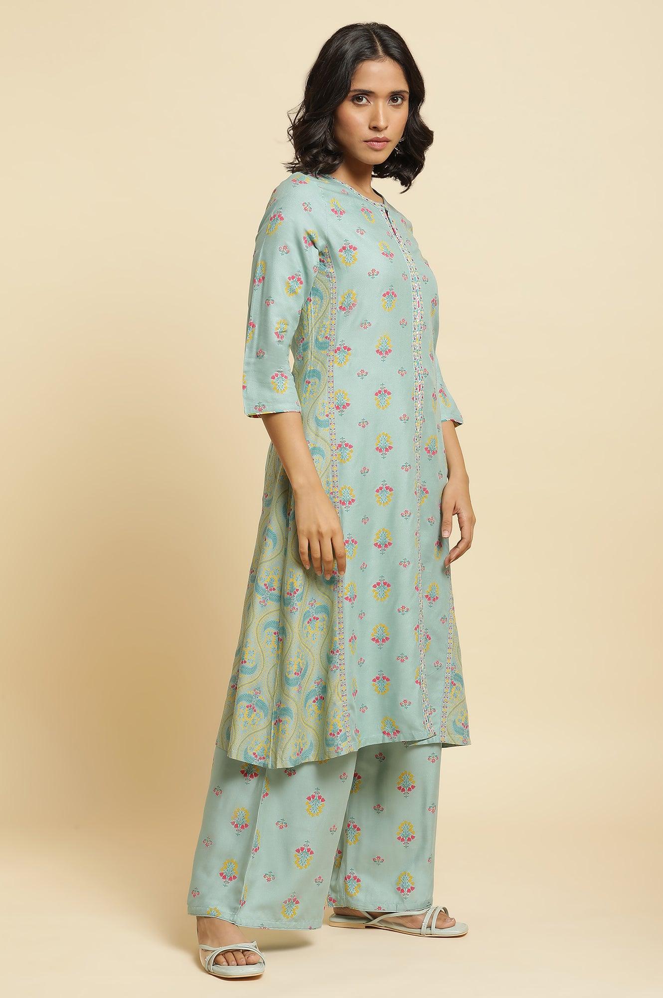 Blue Printed A-Line Kurta & Parallel Pants Set - wforwoman