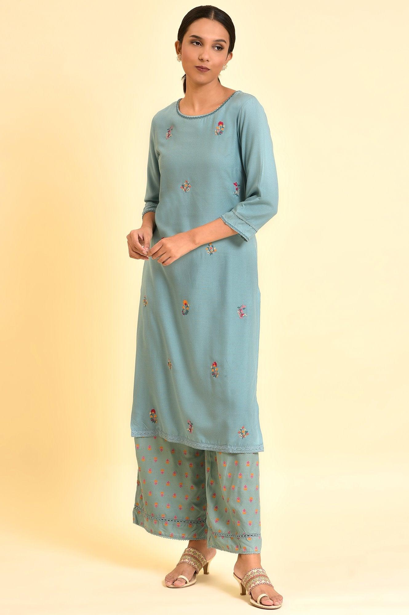Aqua Blue Floral Embroidered Kurta And Parallel Pants Set - wforwoman