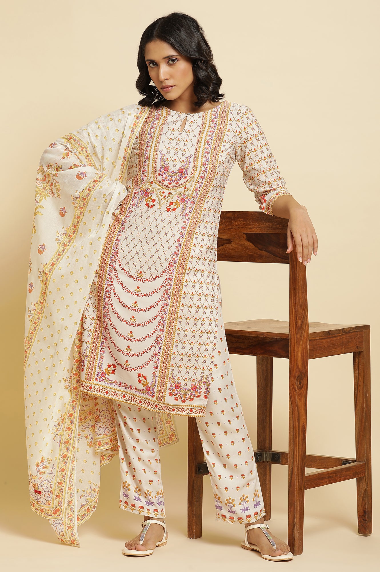 Ecru Floral Printed Kurta, Pants & Dupatta Set
