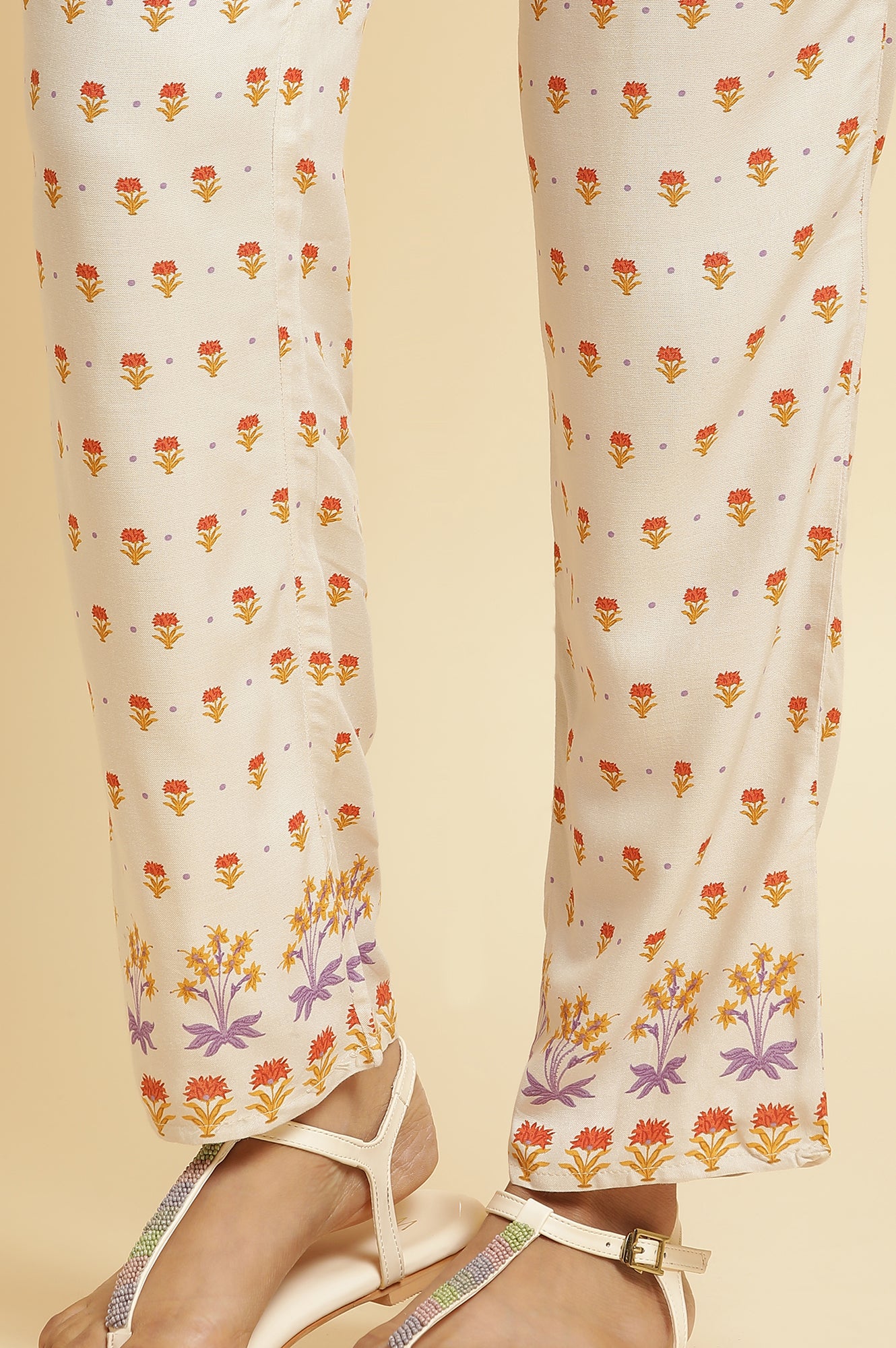 Ecru Floral Printed Kurta, Pants & Dupatta Set