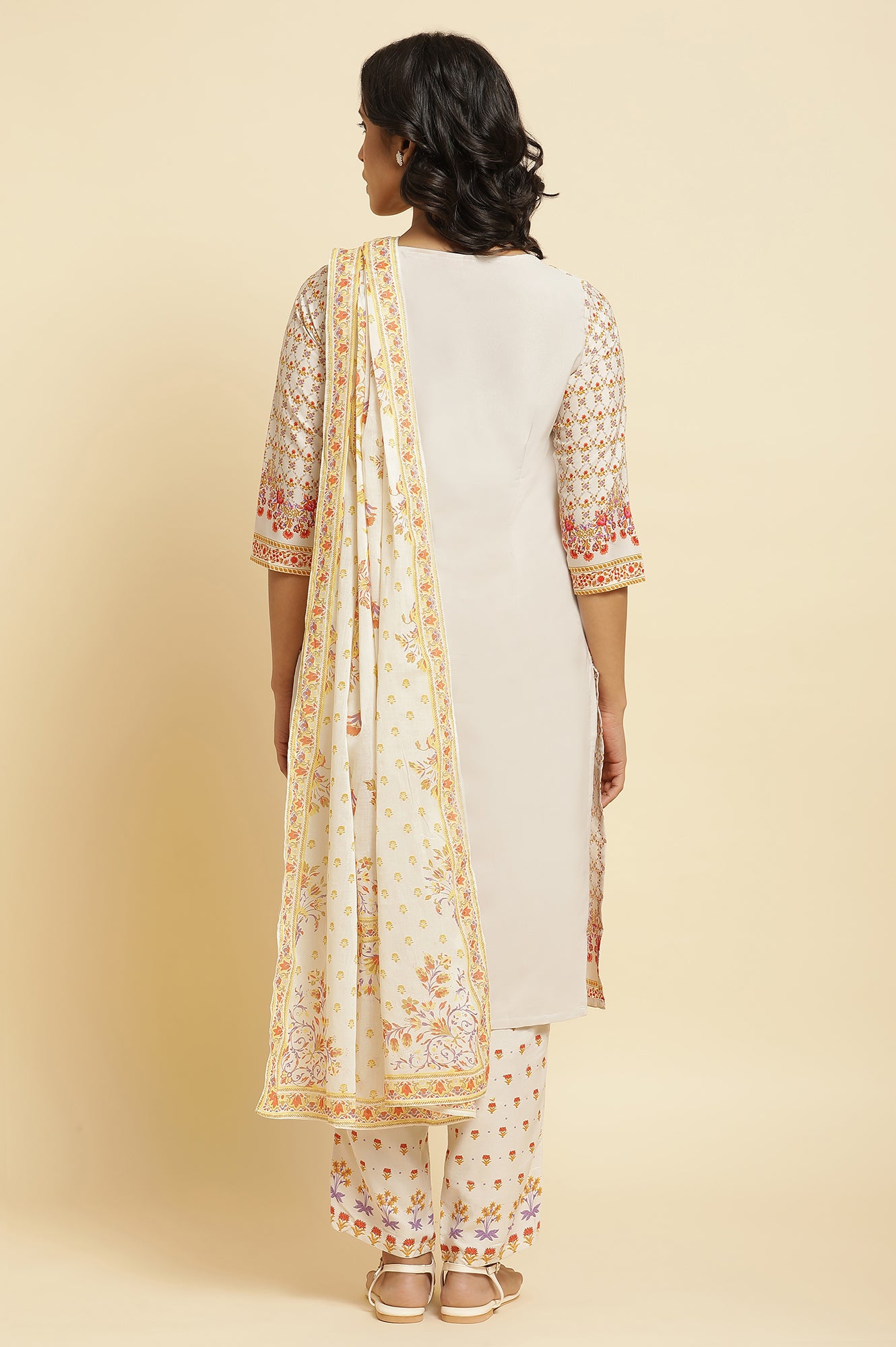 Ecru Floral Printed Kurta, Pants & Dupatta Set