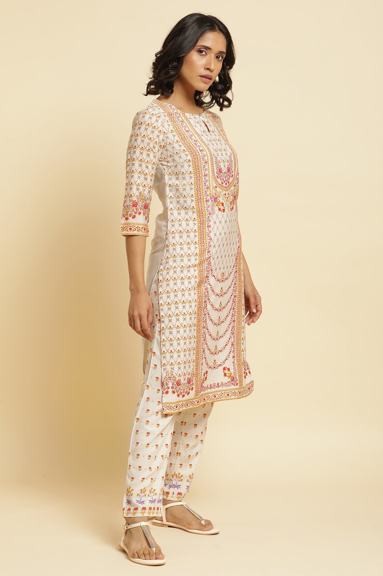 Ecru Floral Printed Kurta, Pants & Dupatta Set