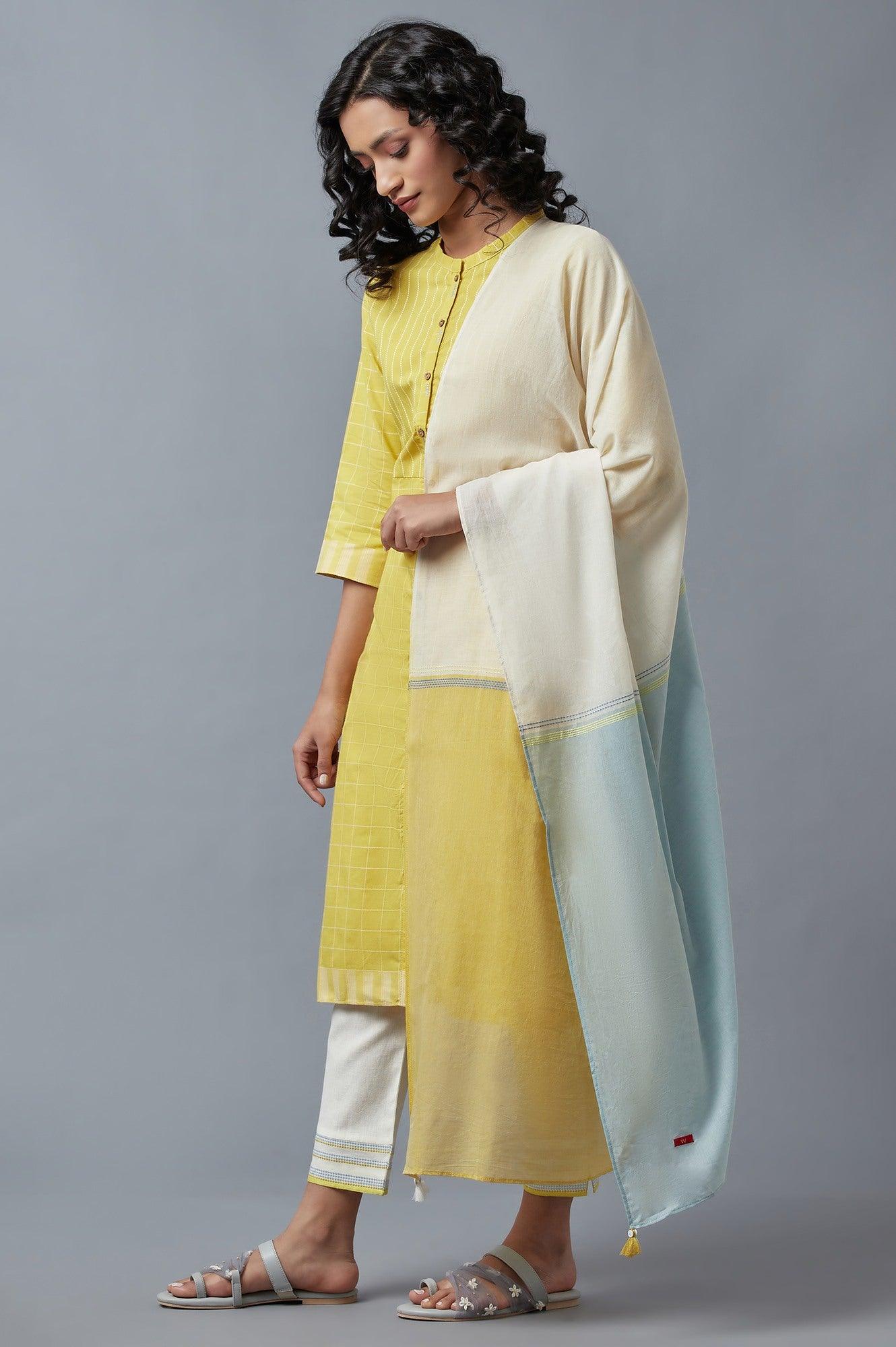 Yellow Dobby Straight kurta With Ecru Slim Pants And Dupatta - wforwoman