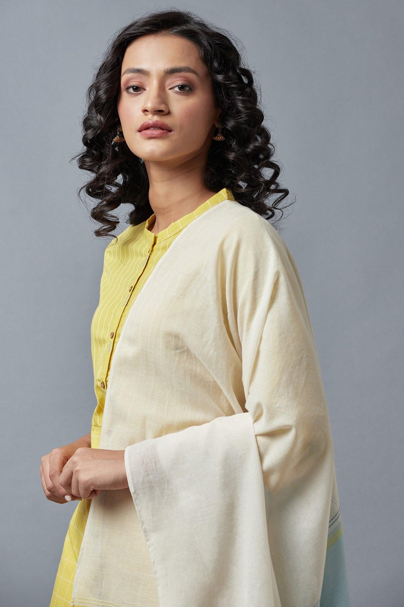Yellow Dobby Straight kurta With Ecru Slim Pants And Dupatta - wforwoman