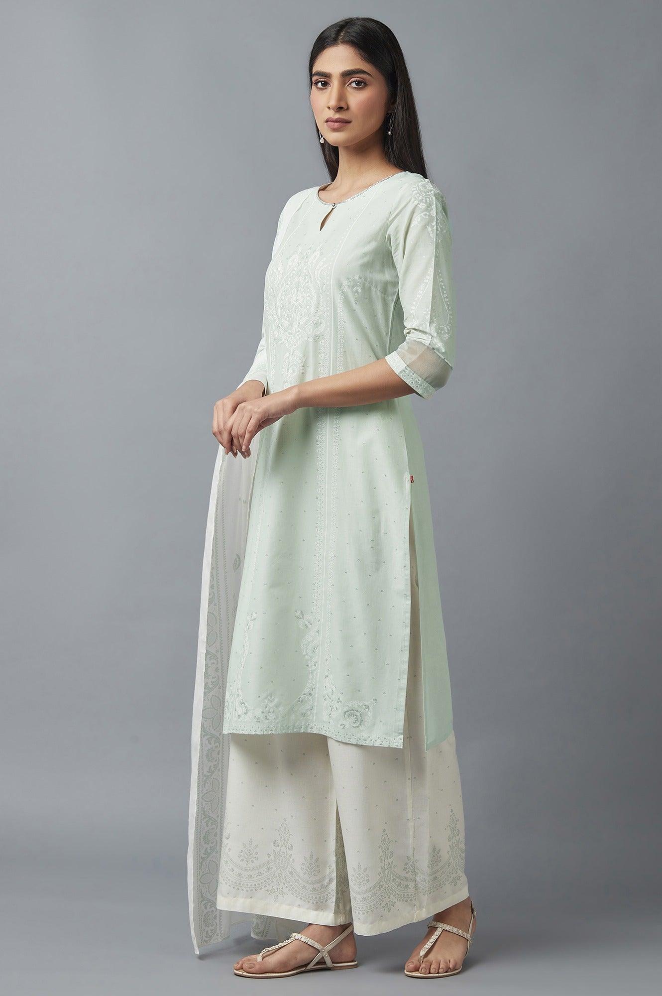 Light Green Embroidered kurta with Parallel Pants and Dupatta - wforwoman
