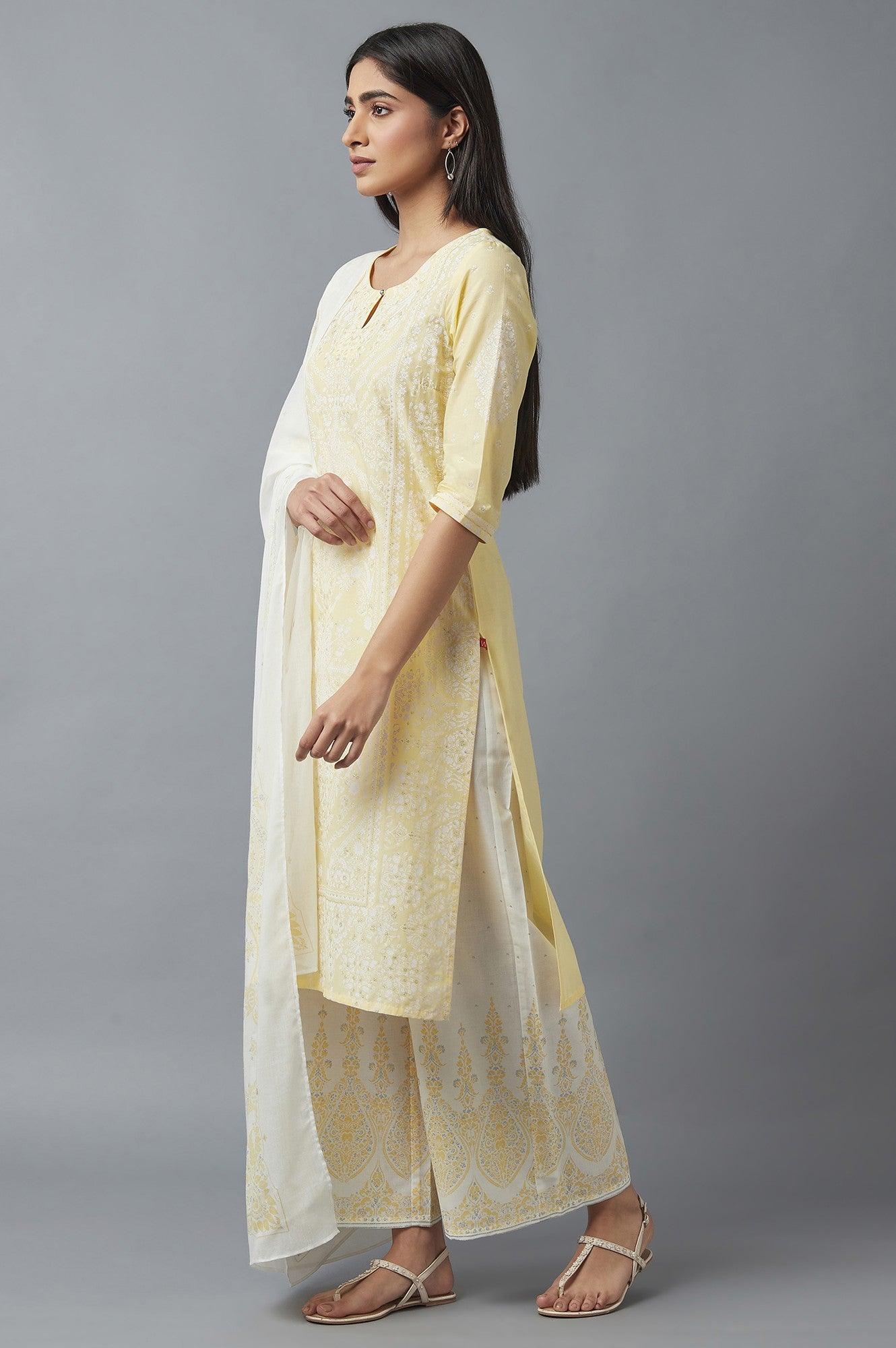 Yellow Embroidered kurta with Parallel Pants and Dupatta - wforwoman