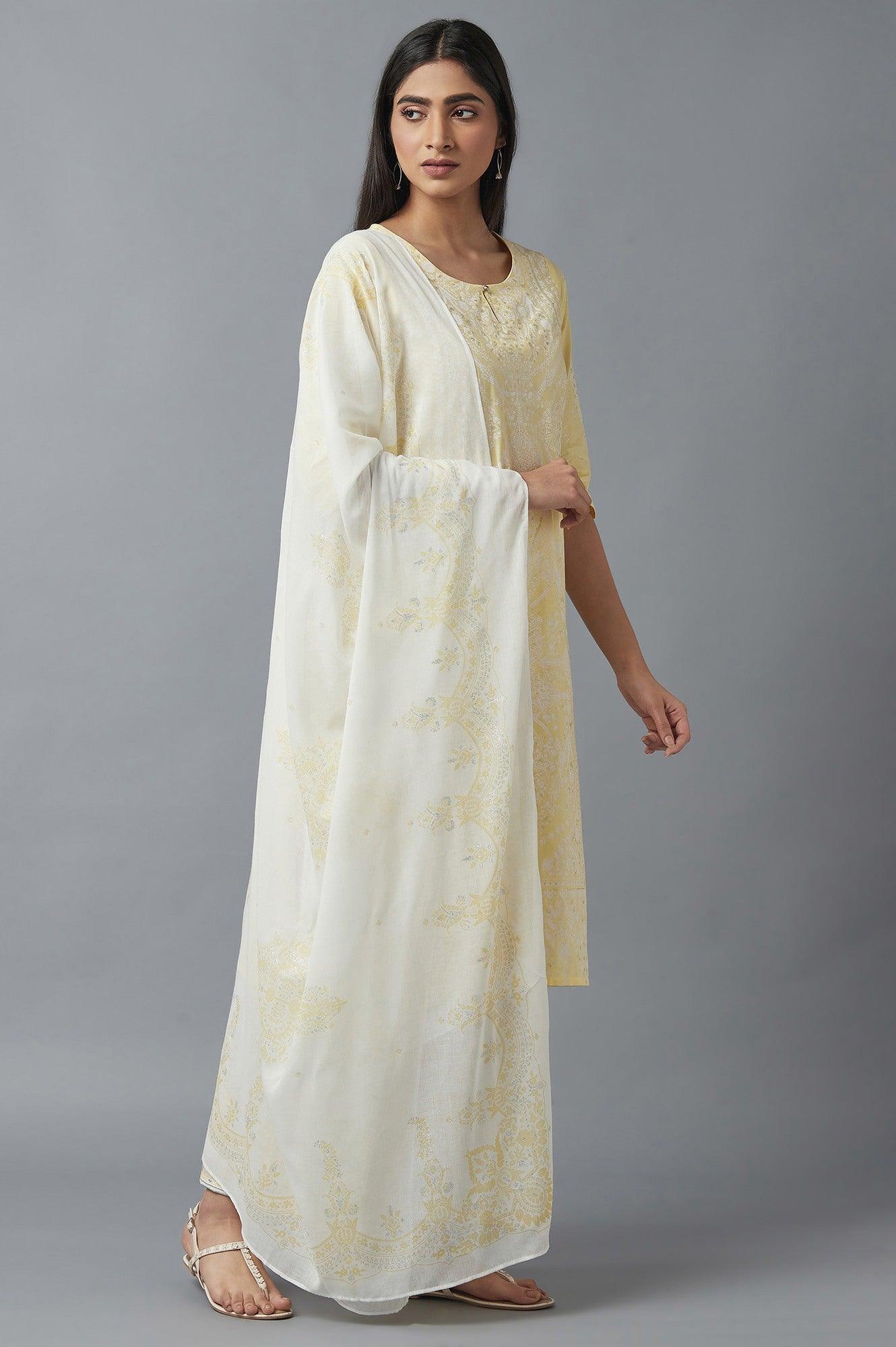 Yellow Embroidered kurta with Parallel Pants and Dupatta - wforwoman