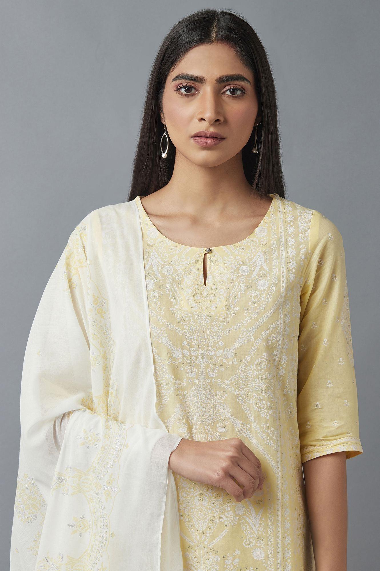 Yellow Embroidered kurta with Parallel Pants and Dupatta - wforwoman