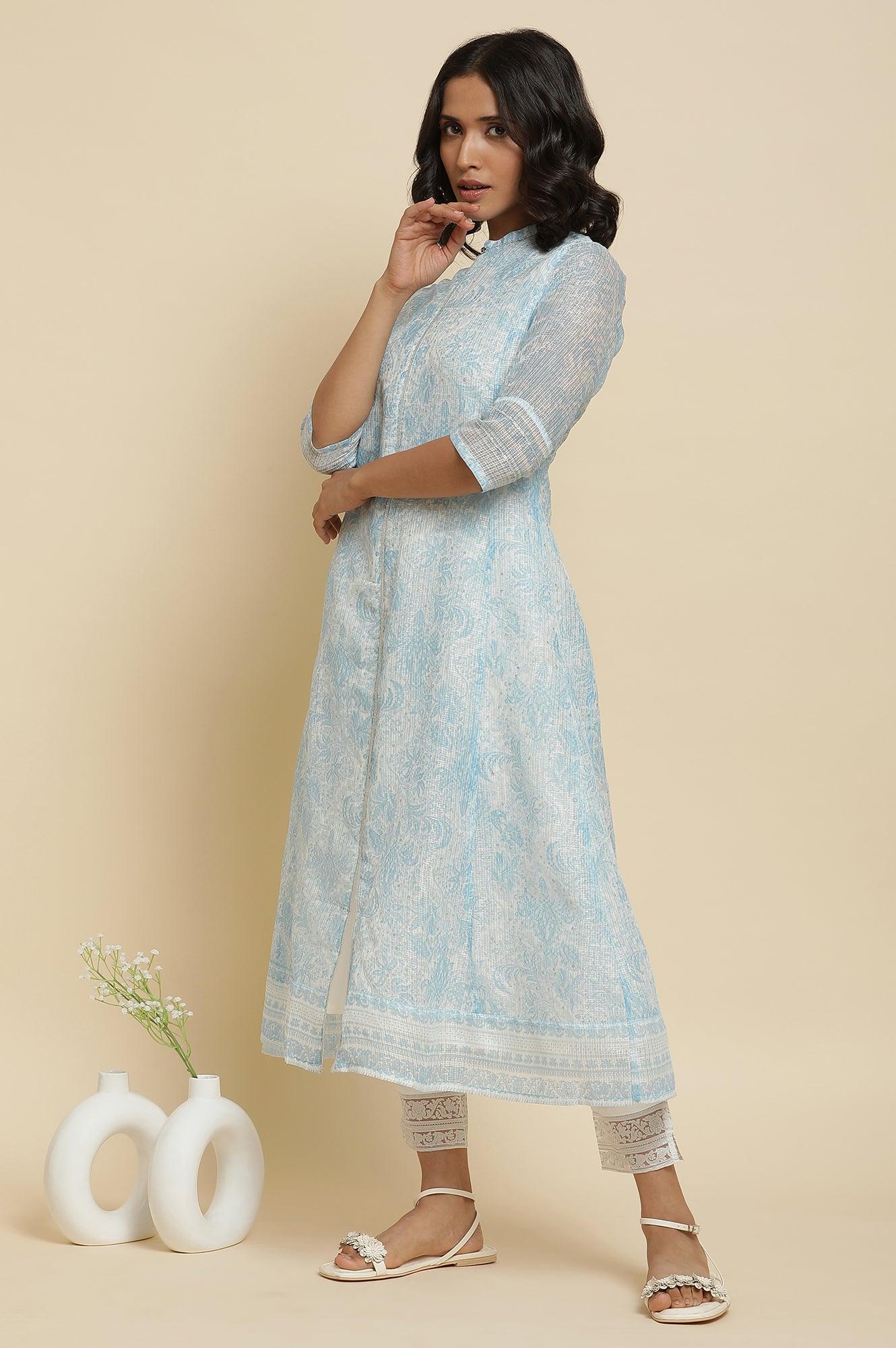 Blue Printed Kota Kurta & Pants Set - wforwoman