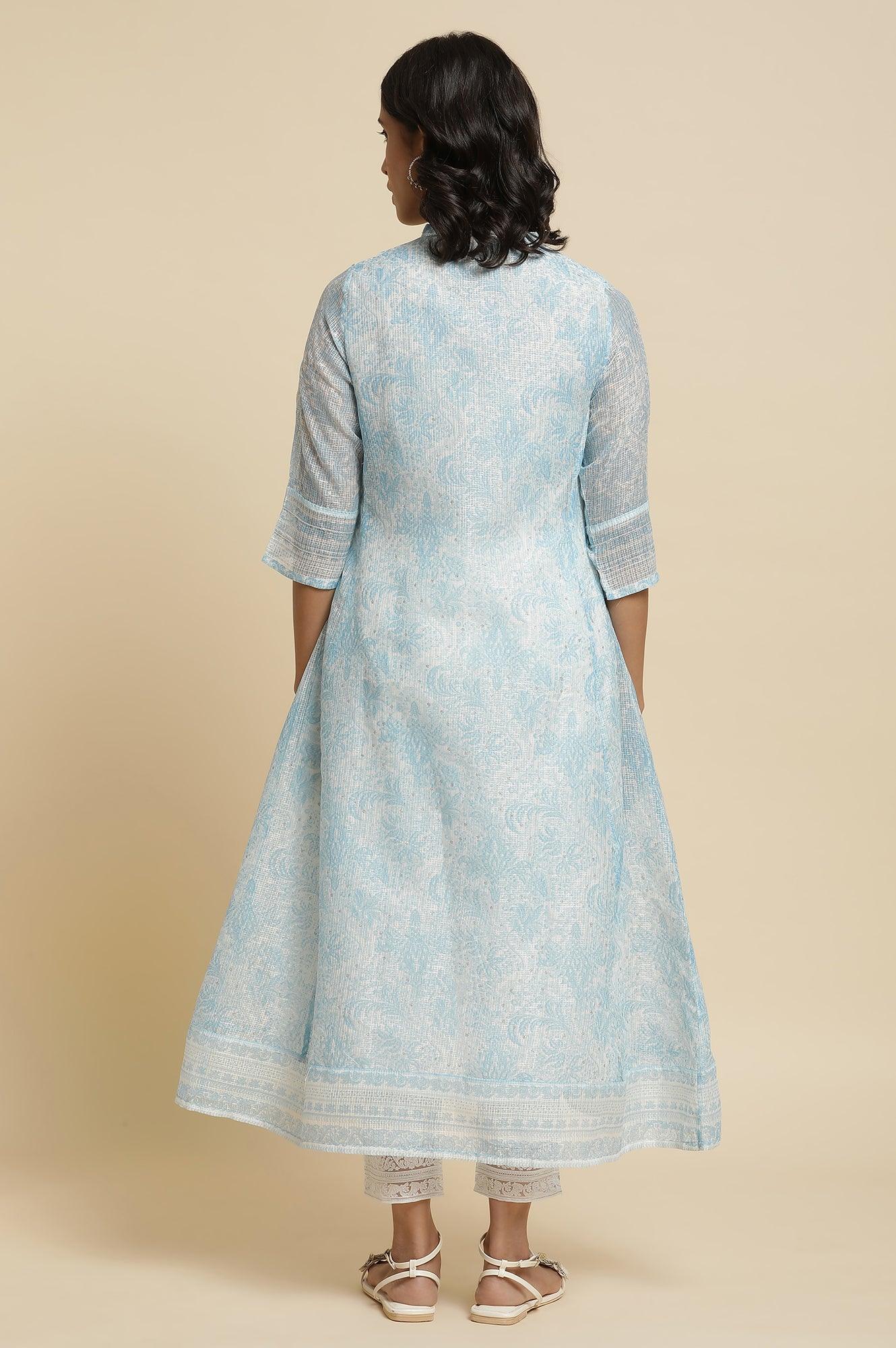 Blue Printed Kota Kurta & Pants Set - wforwoman