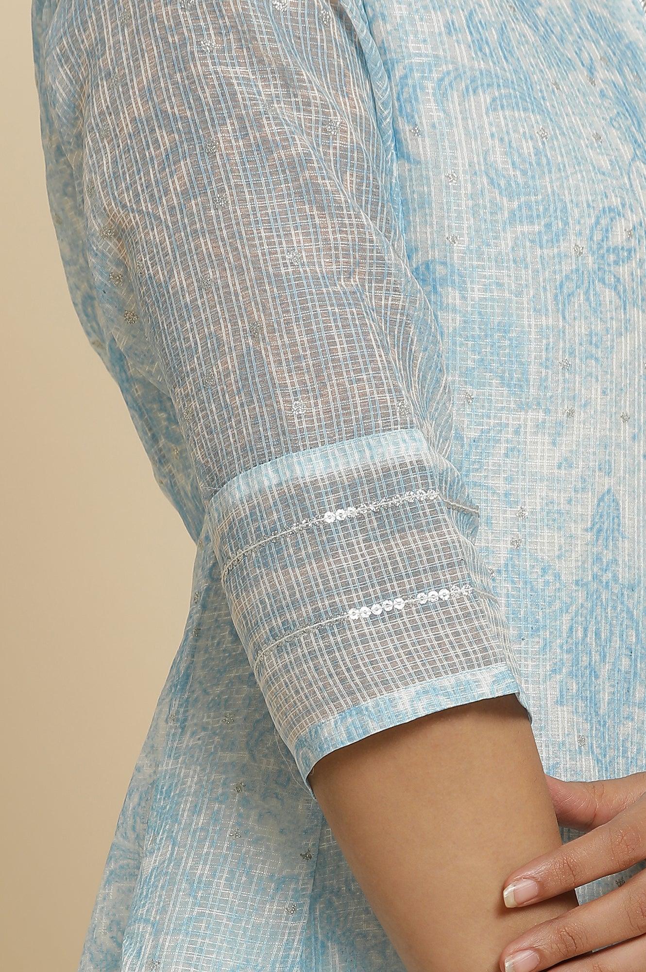 Blue Printed Kota Kurta & Pants Set - wforwoman