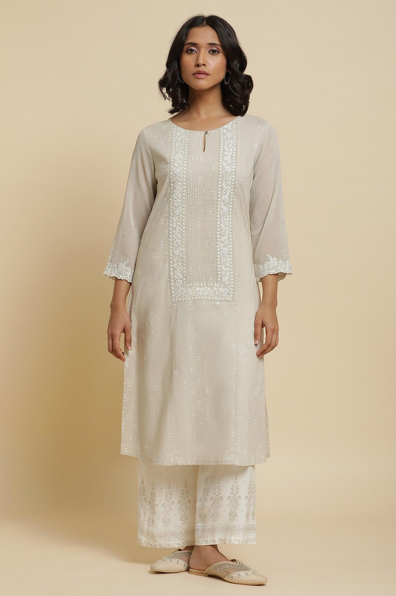 Grey Embroidered Kurta & Parallel Pants Set - wforwoman
