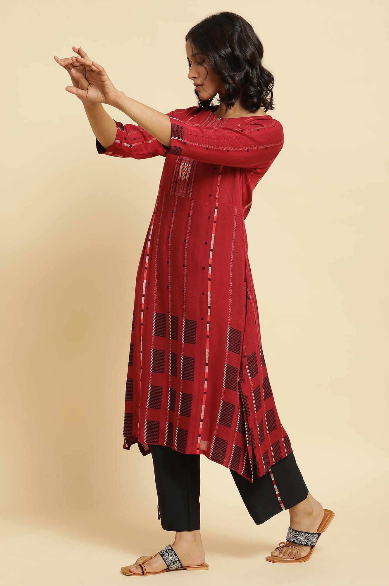 Tango Red Dobby Kurta & Parallel Pants Set - wforwoman