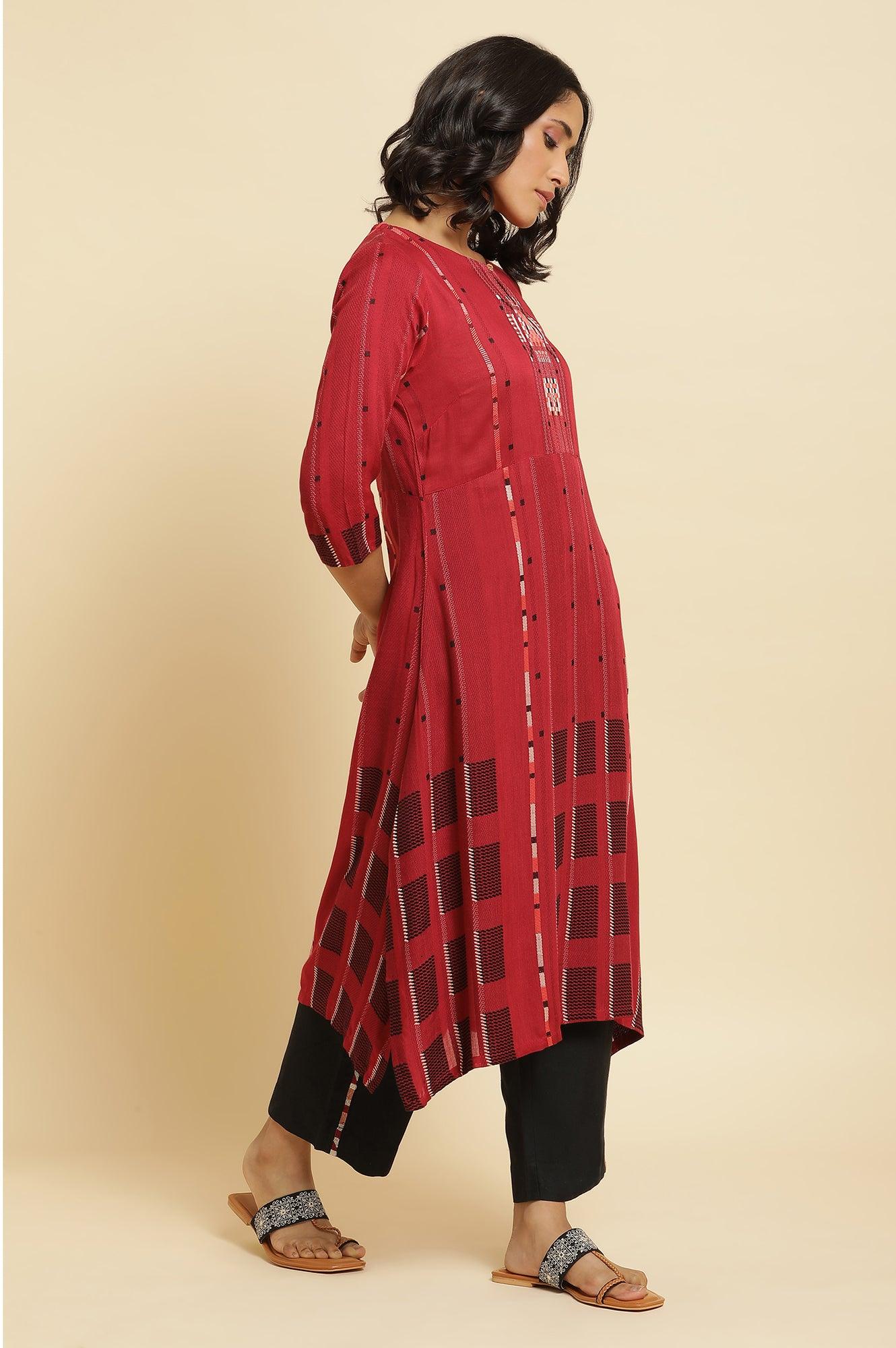 Tango Red Dobby Kurta & Parallel Pants Set - wforwoman