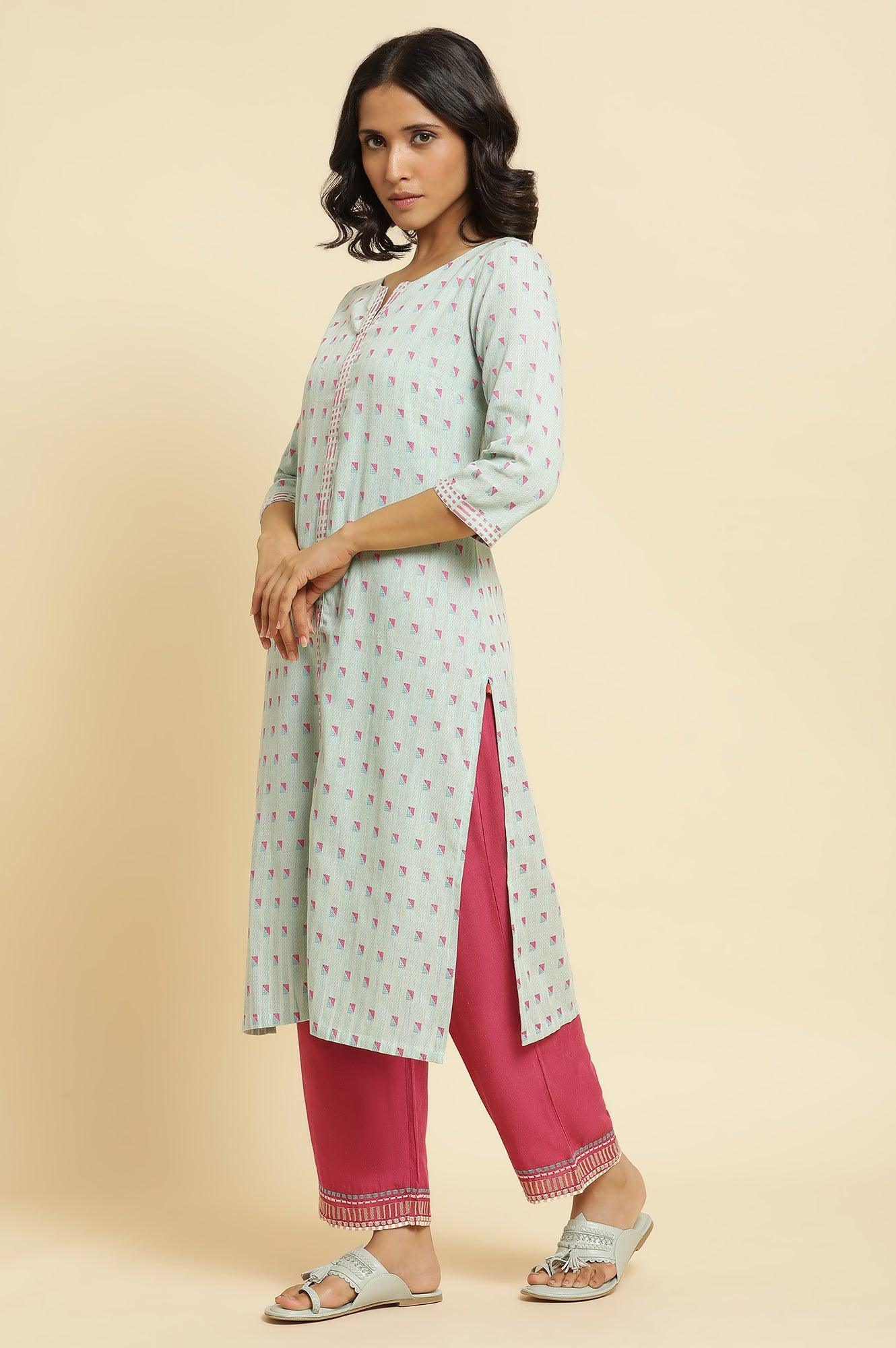 Light Blue Printed Kurta, Parallel Pants & Dupatta - wforwoman
