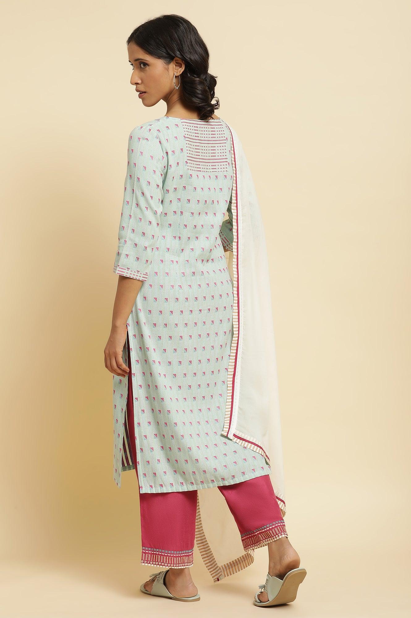 Light Blue Printed Kurta, Parallel Pants & Dupatta - wforwoman