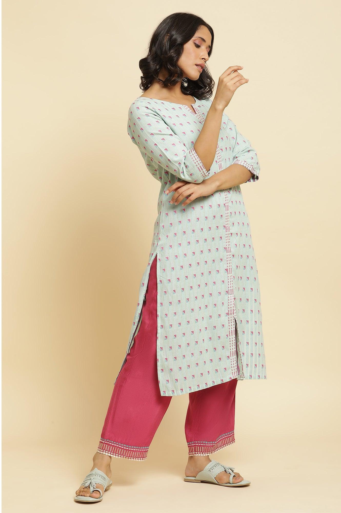 Light Blue Printed Kurta, Parallel Pants & Dupatta - wforwoman